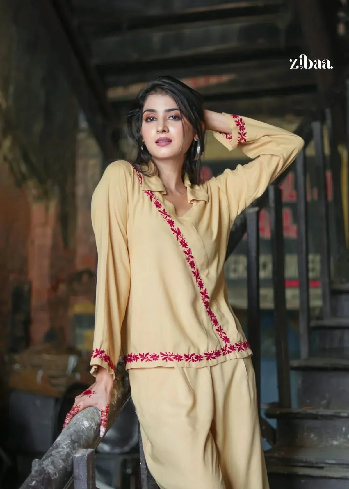 Hoor Beige Rayon Chikankari Co-ord Set