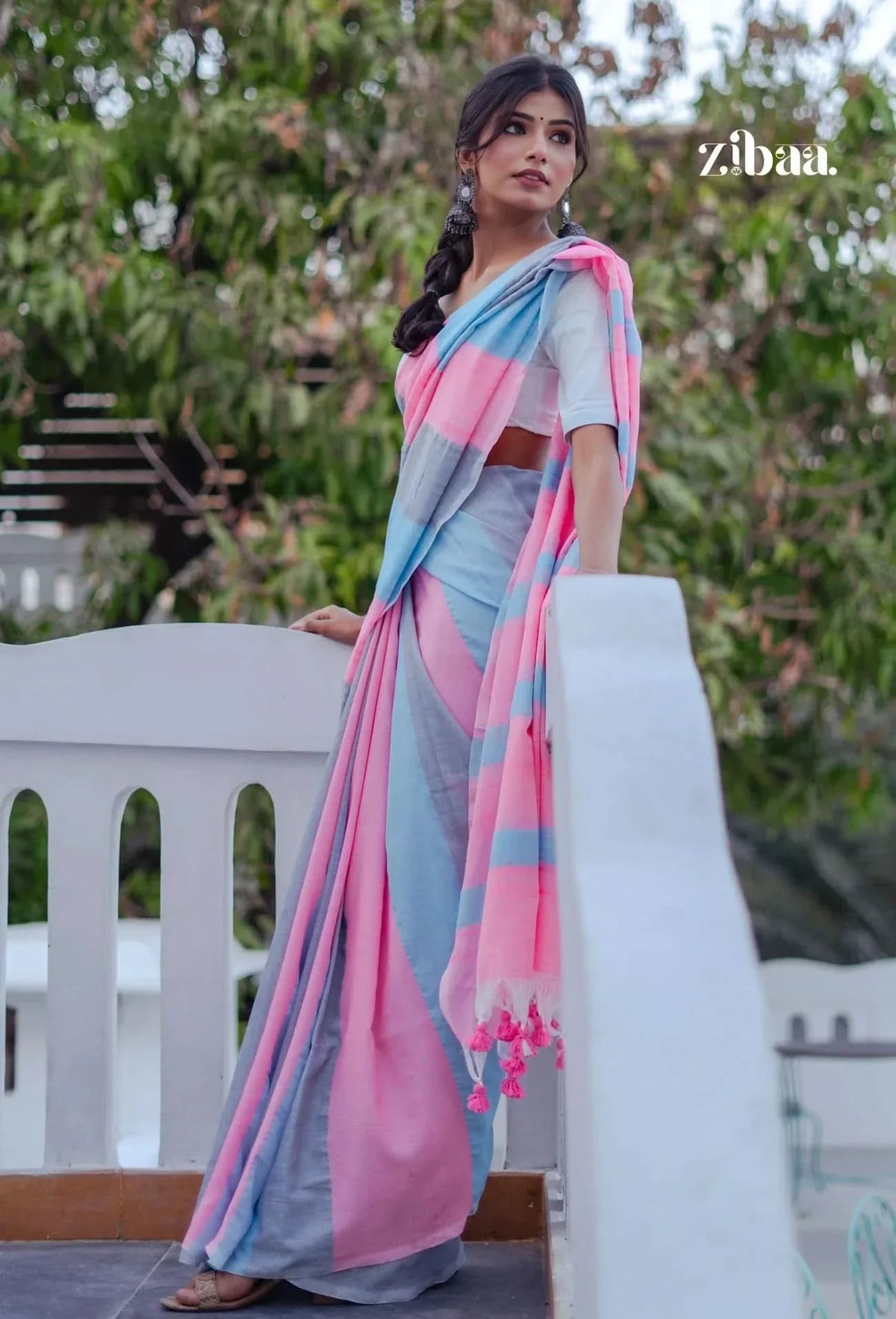 Mira Hand-Dyed Mul Cotton Striped Saree with Tassels