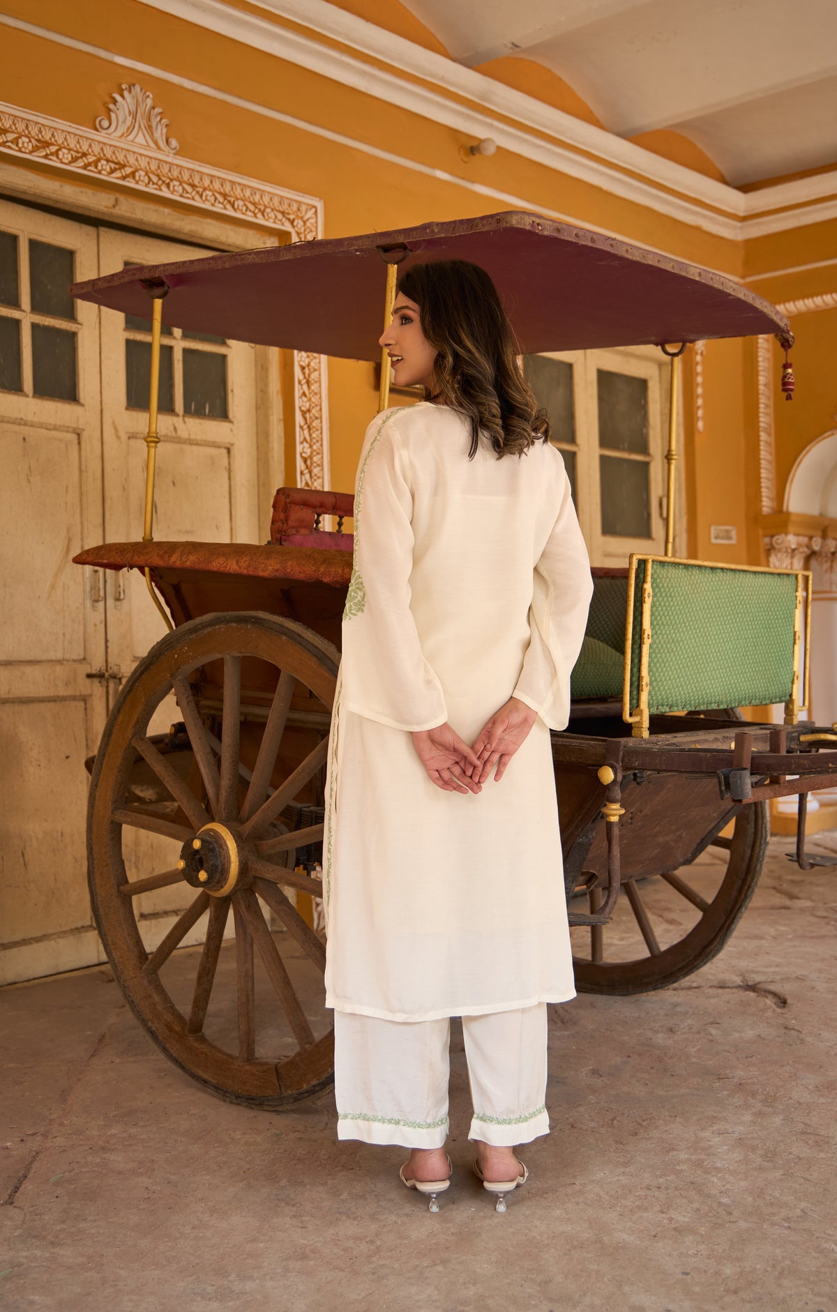 Nazm Muslin Ivory & Sage Green Chikankari Coord Set