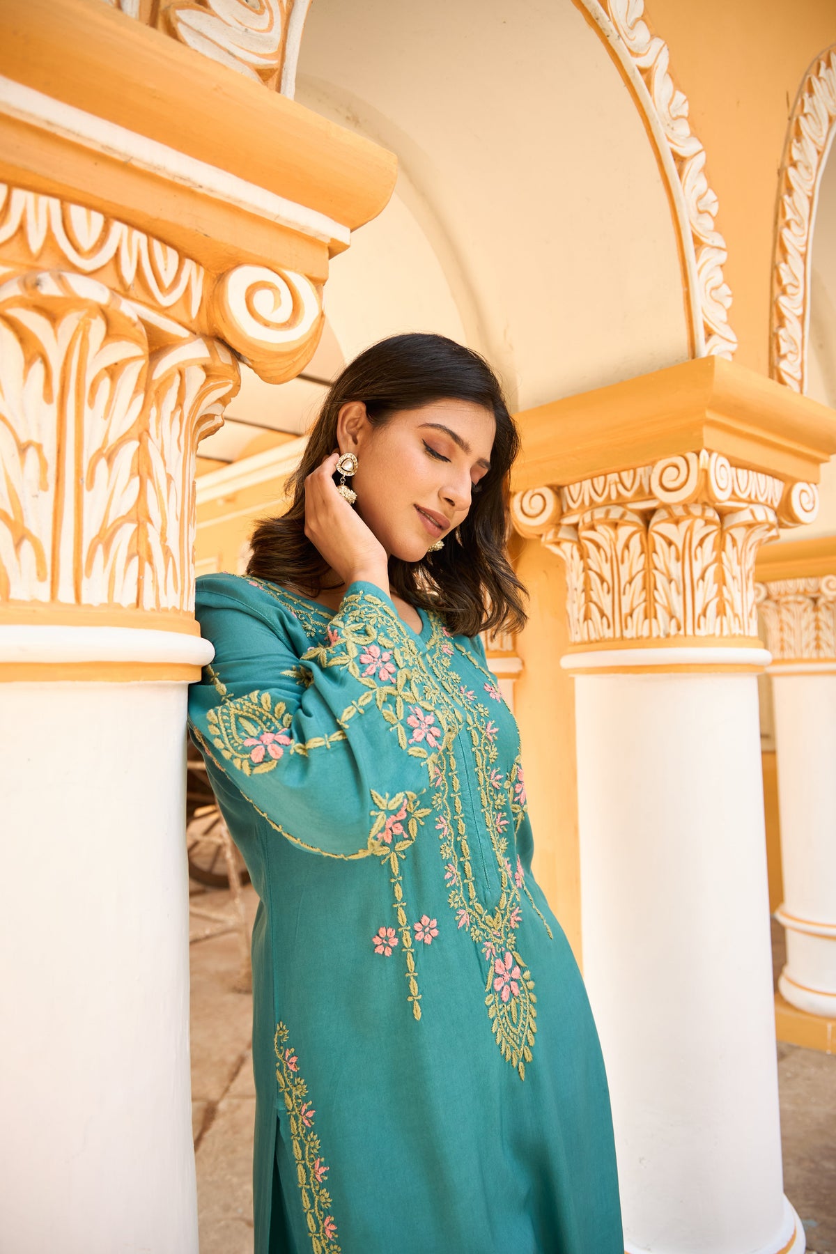 Nazm Rayon Teal Blossom Chikankari Coord Set