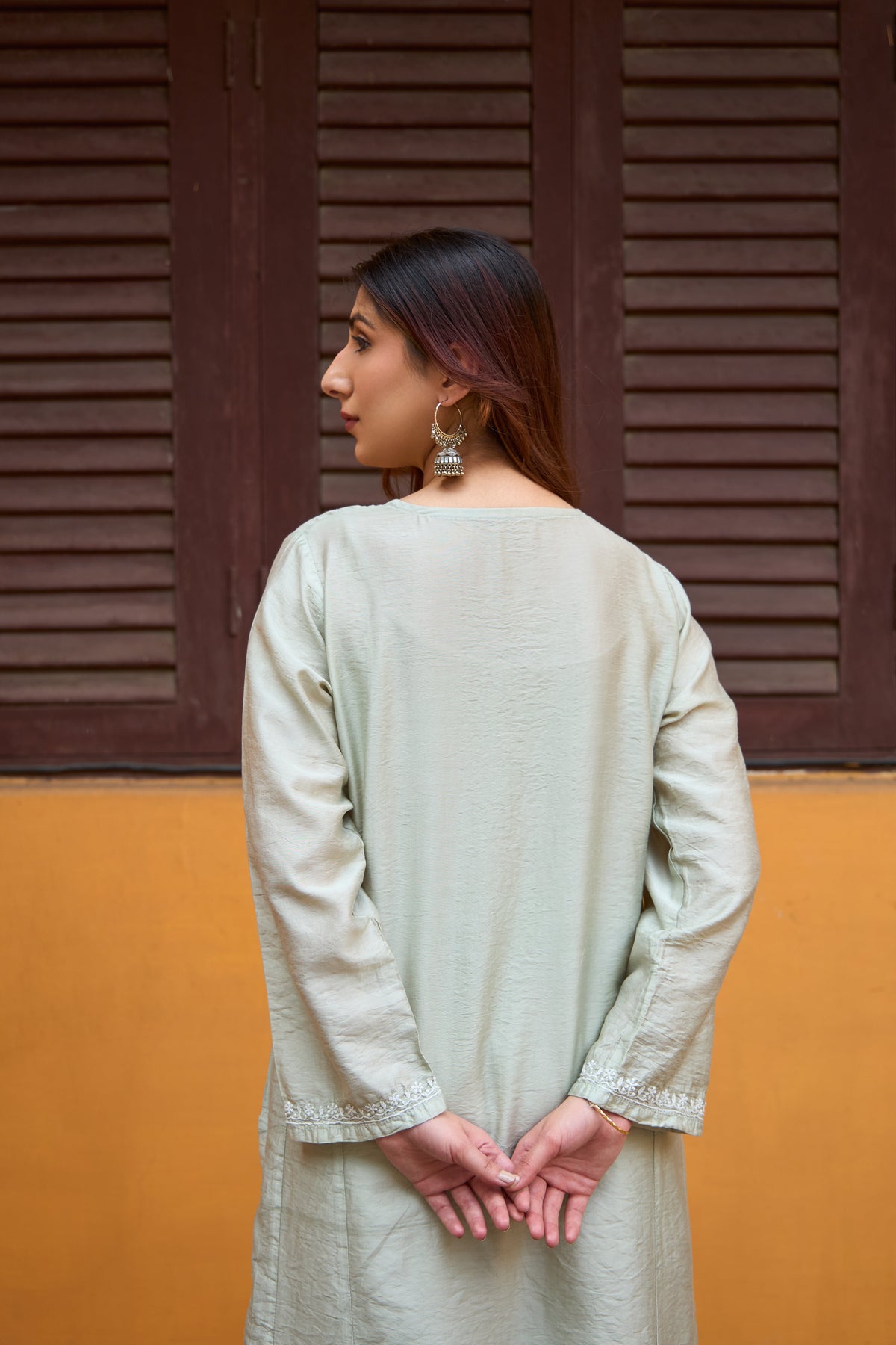Nazm Chanderi Pistachio Chikankari Kurta Set with Dupatta