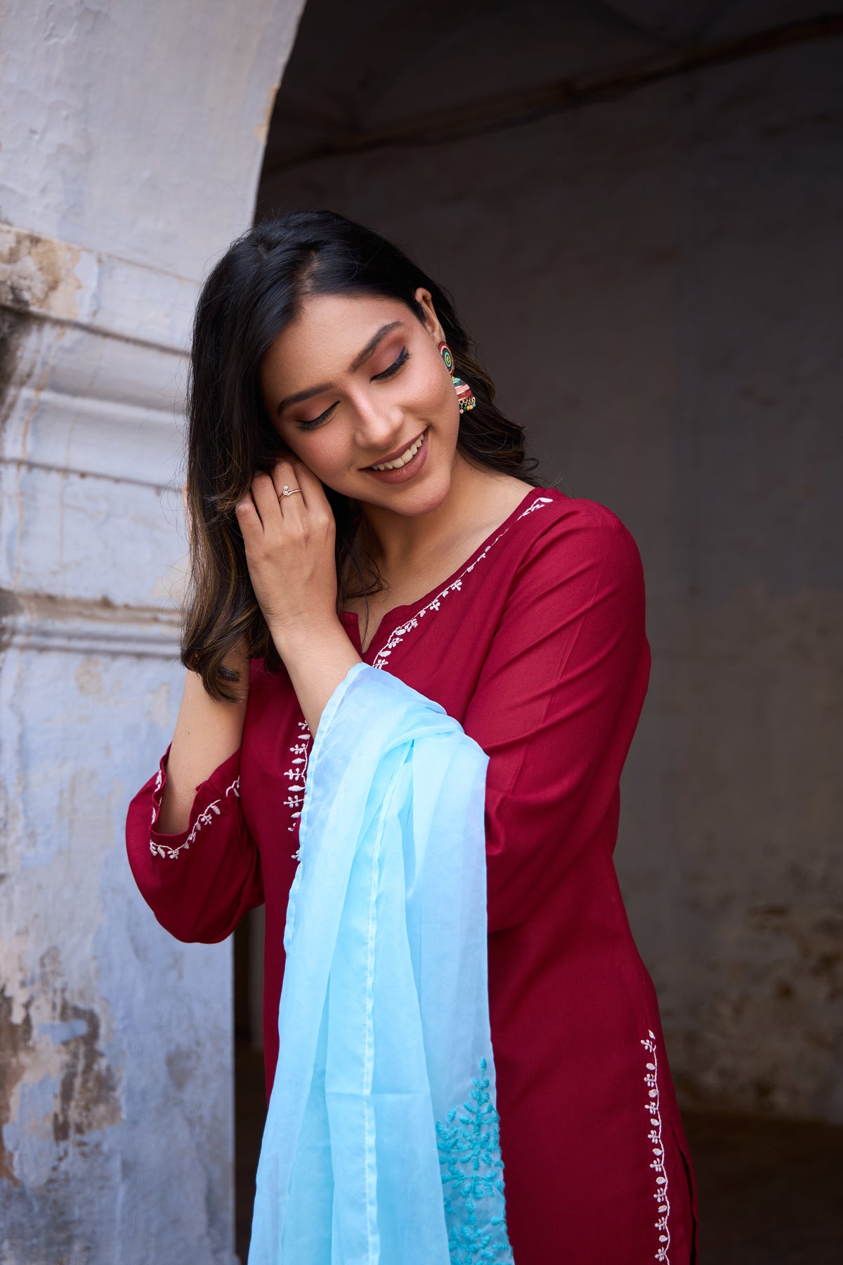 Nazm Rayon Red Chikankari Kurta Set with Organza Dupatta