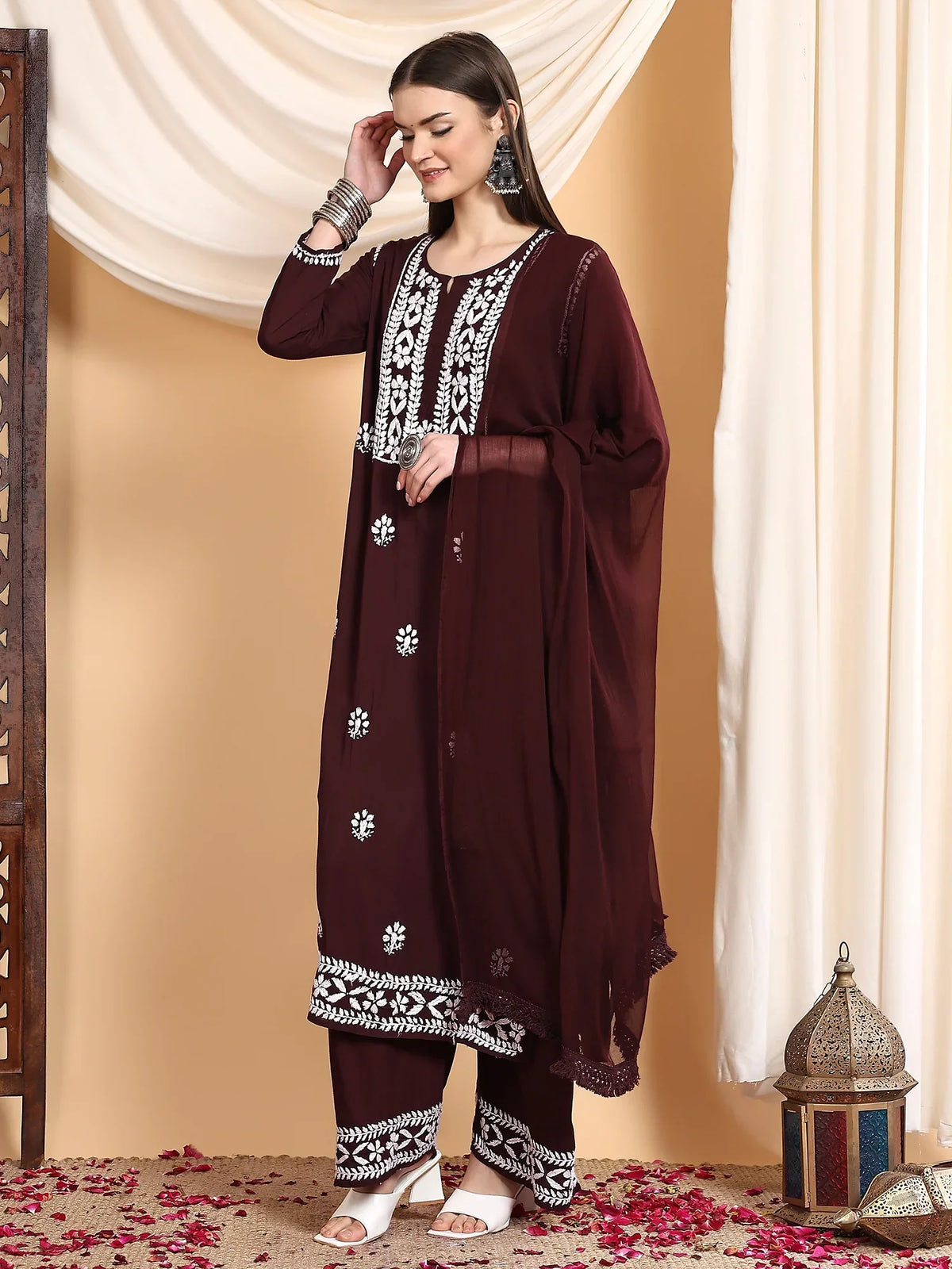 Shiza Chikankari Premium Modal Co-ord Set (Brown)