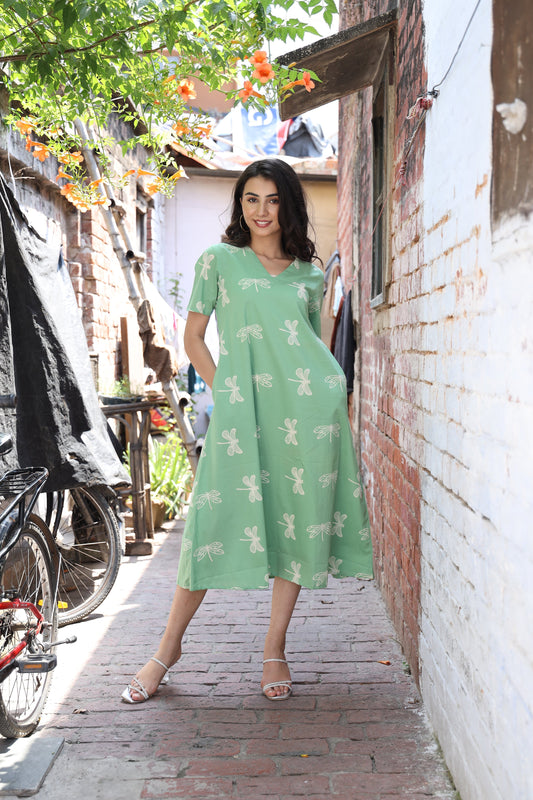 Saanjh Mint Dragonfly Cotton Dress