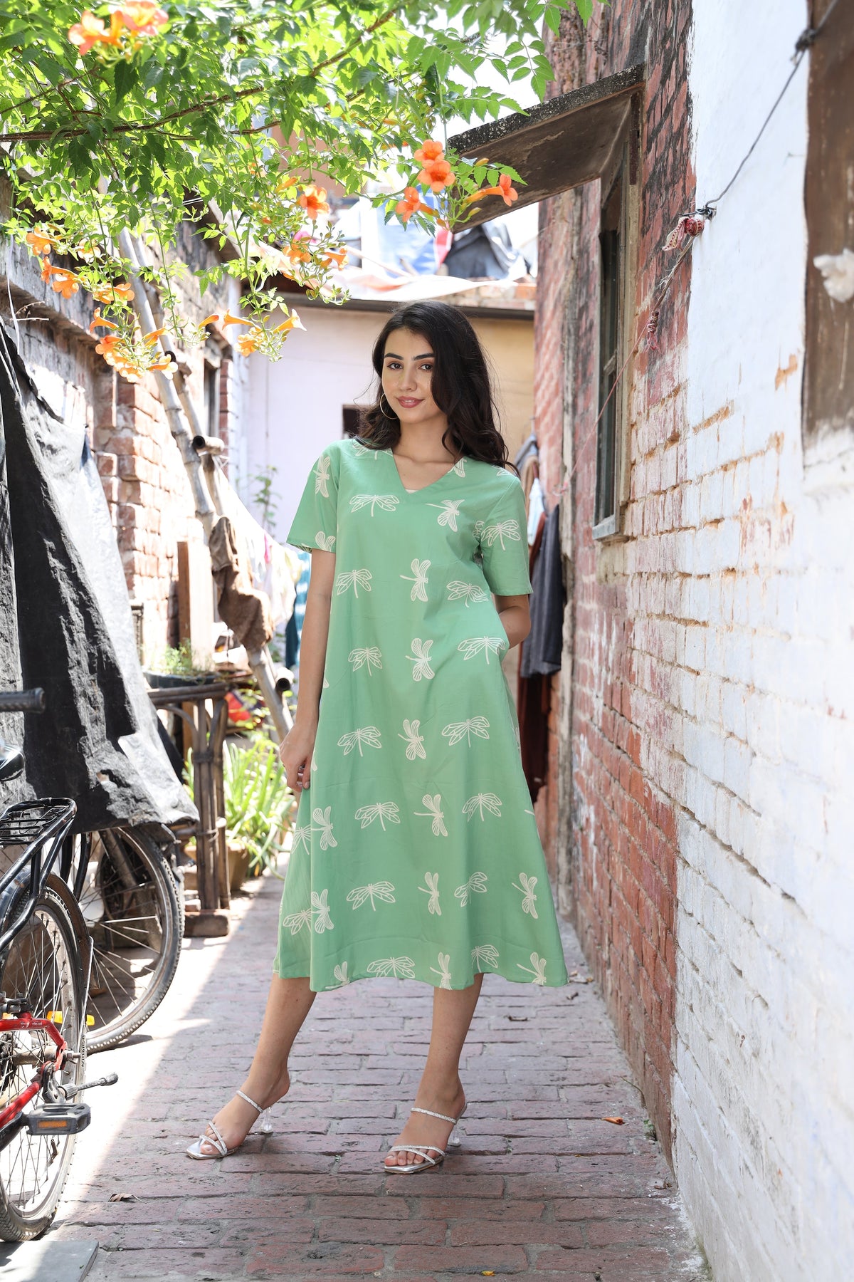 Saanjh Mint Dragonfly Cotton Dress
