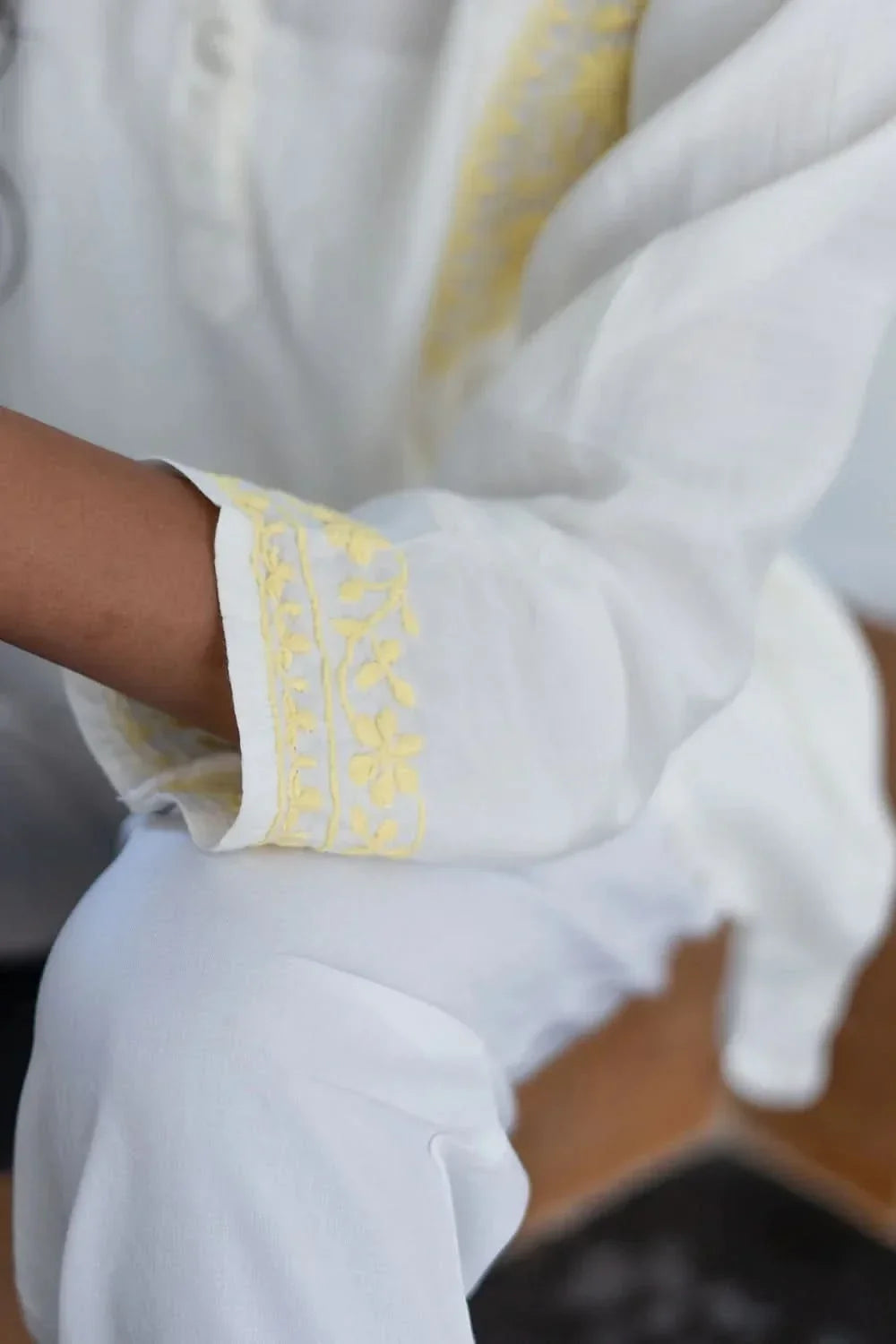 Husn Ivory & Yellow Muslin Short Chikankari Kurti