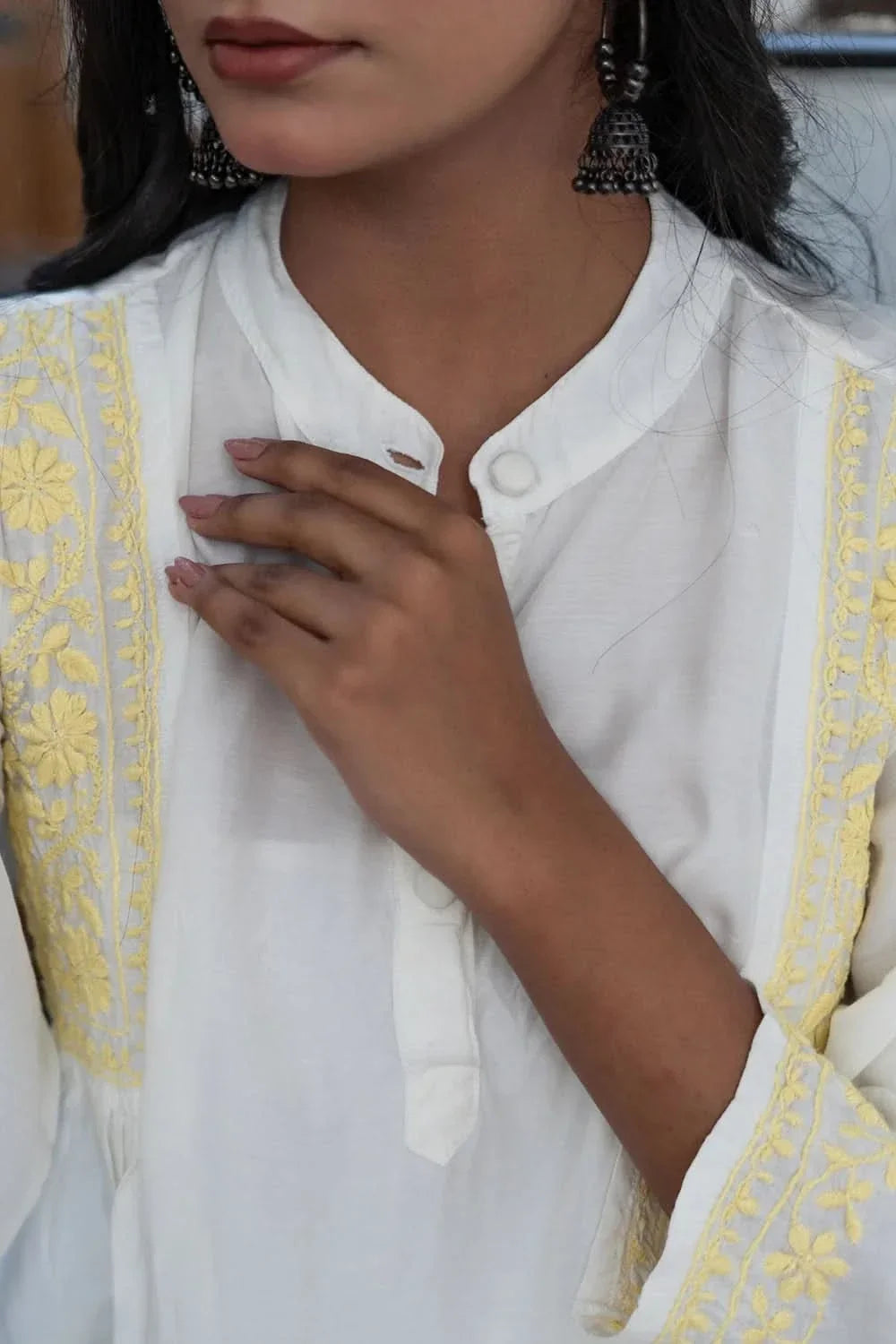 Husn Ivory & Yellow Muslin Short Chikankari Kurti