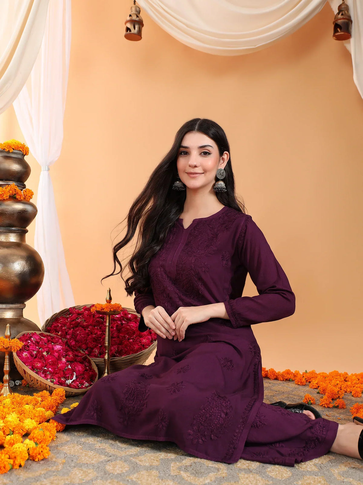 Maryam Chikankari Rayon Co-ord Set (Wine)