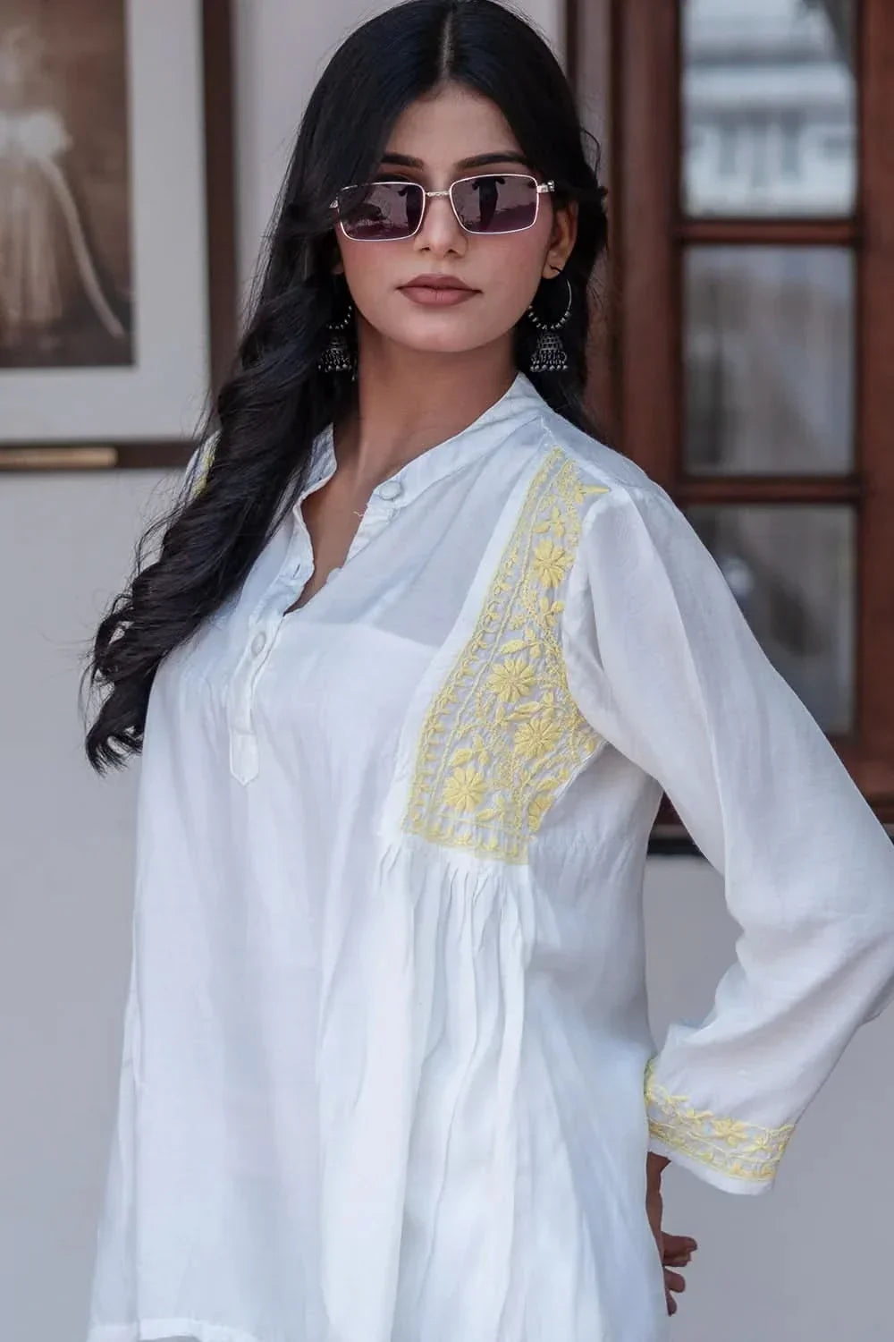 Husn Ivory & Yellow Muslin Short Chikankari Kurti