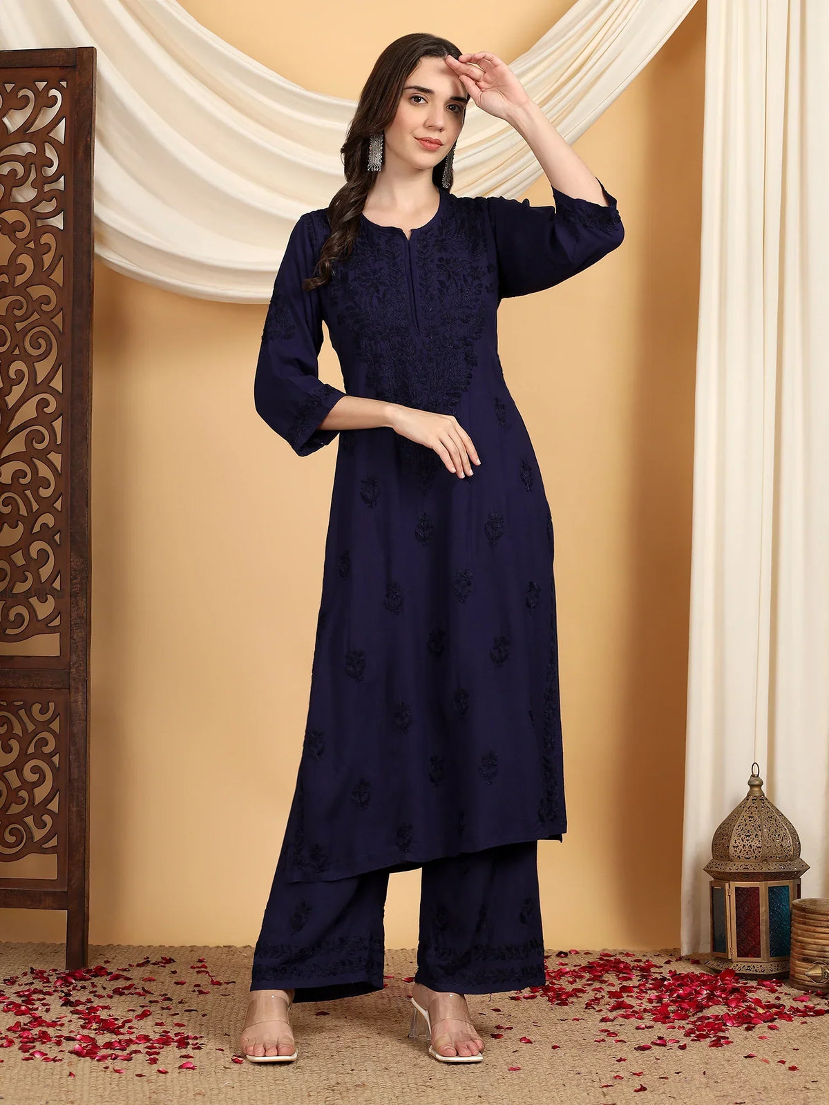 Faiza Chikankari Rayon Co-ord Set (Navy)