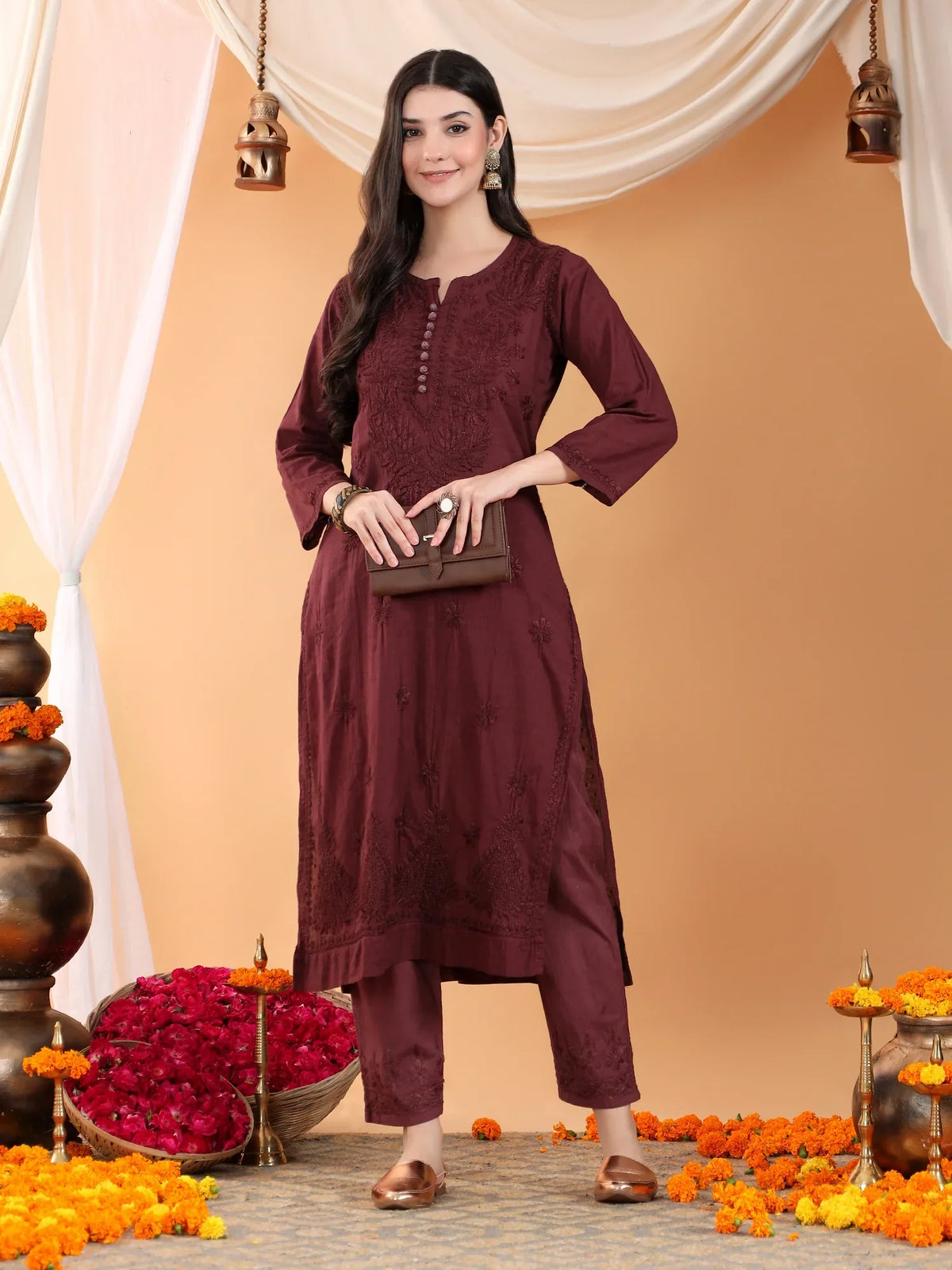 Ananya Chikankari Kurta Pant Cotton Co-ord Set (Brown)
