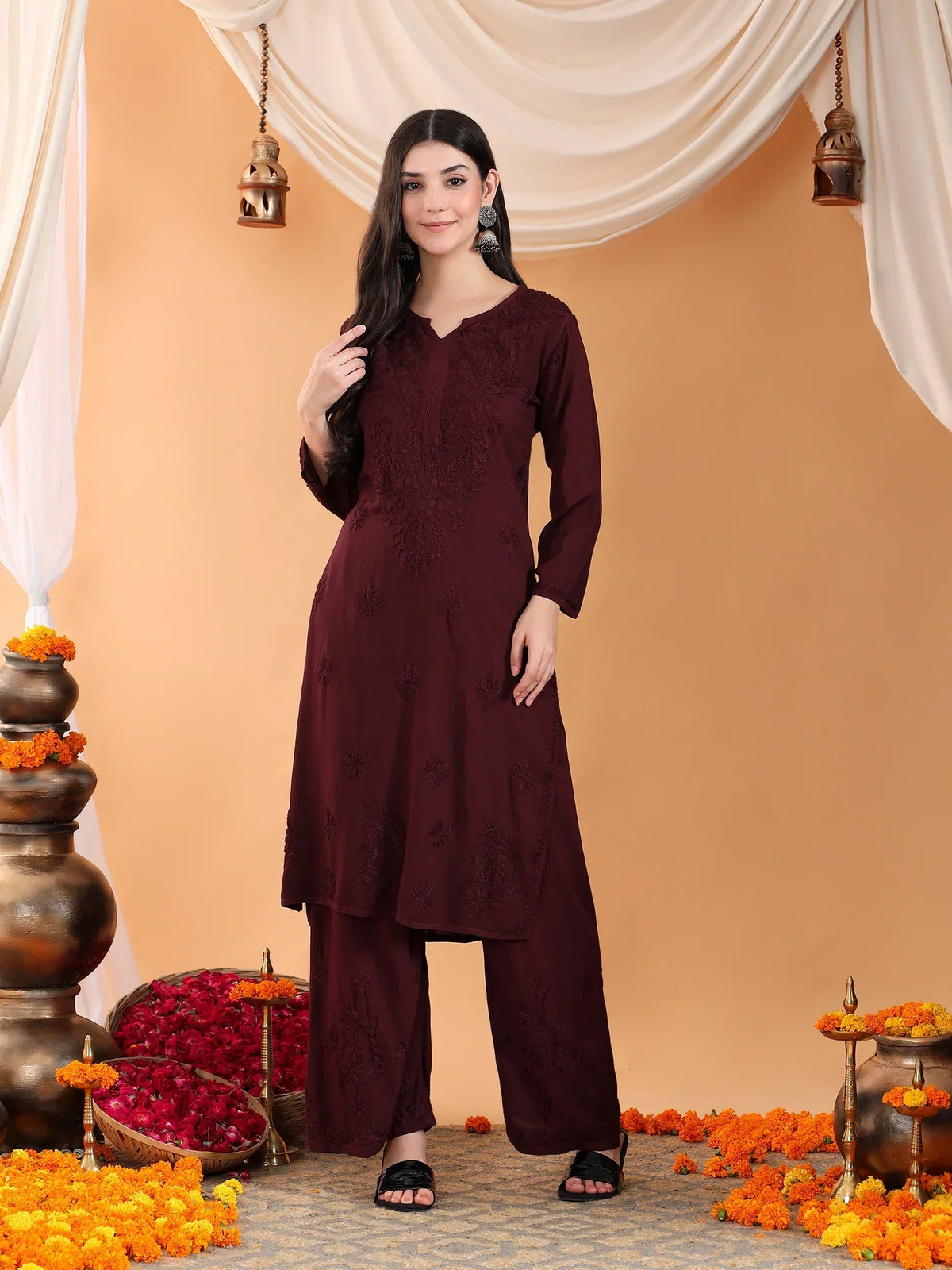 Maryam Chikankari Rayon Co-ord Set (Brown)