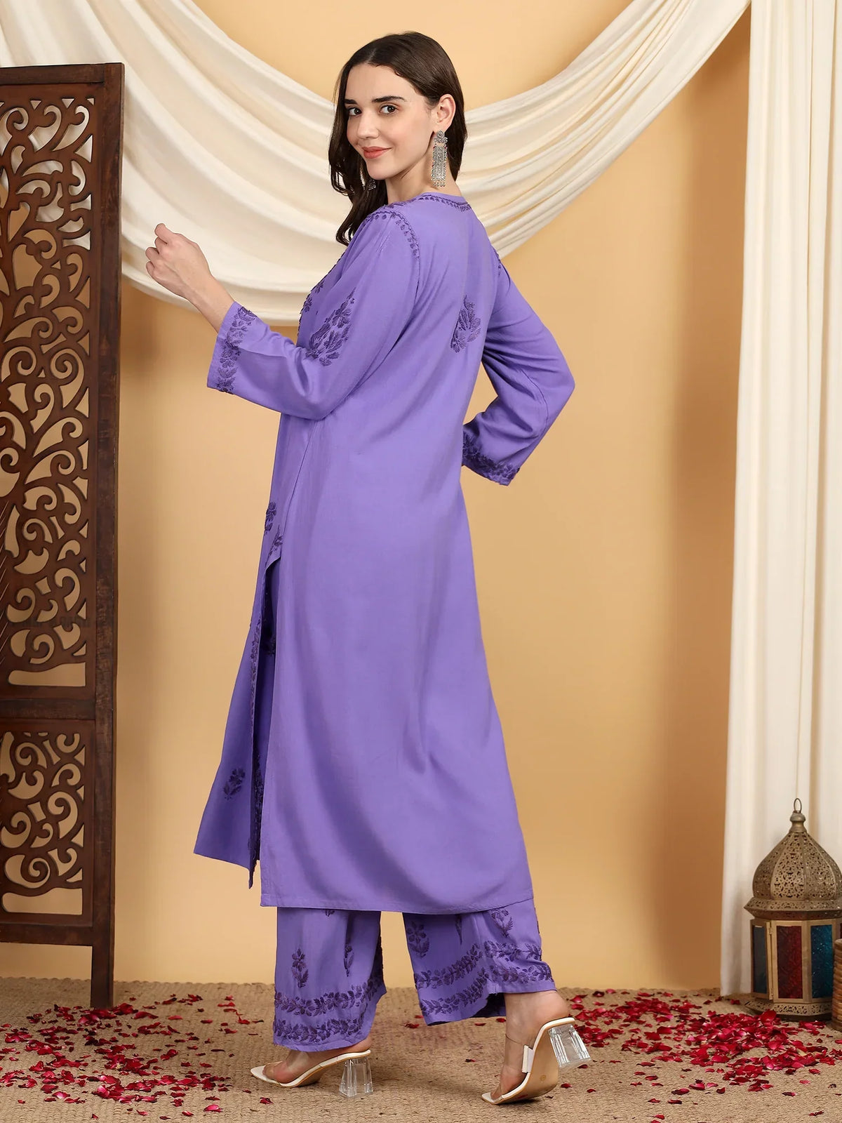 Faiza Chikankari Rayon Co-ord Set (Purple)