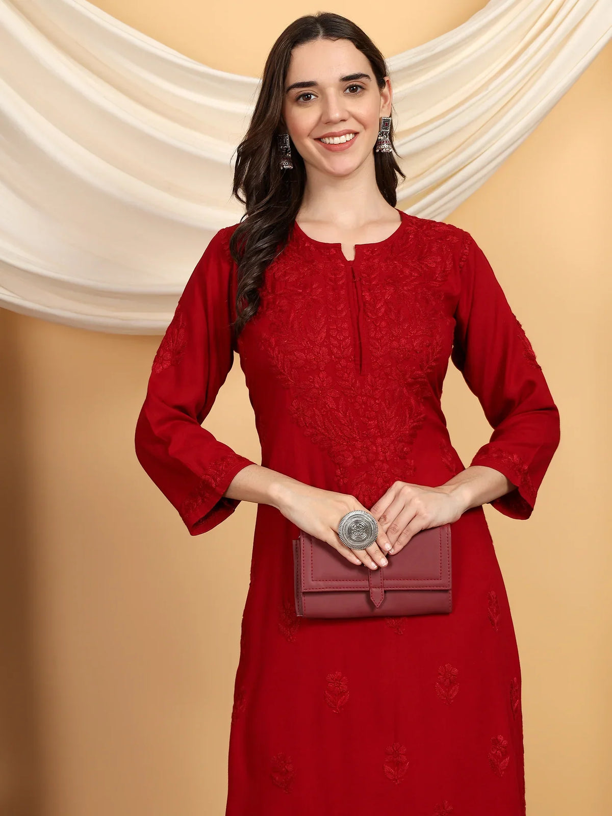 Faiza Chikankari Rayon Co-ord Set (Maroon)