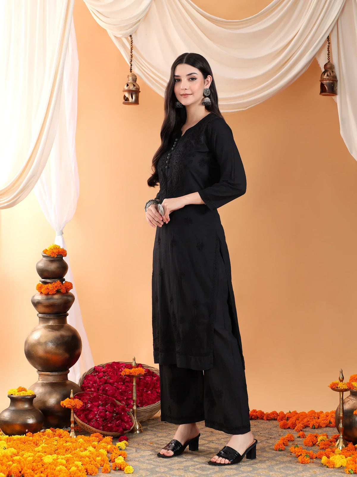 Priya Chikankari Kurta Palazzo Cotton Co-ord Set (Black)