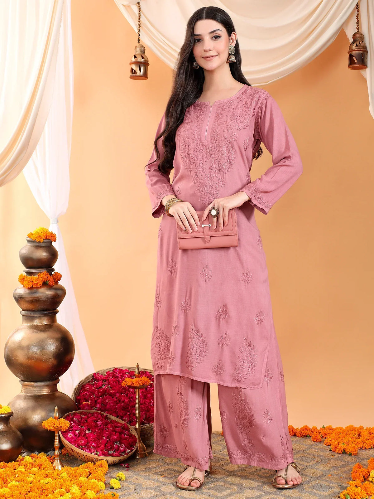 Maryam Chikankari Rayon Co-ord Set (Nude Coral)