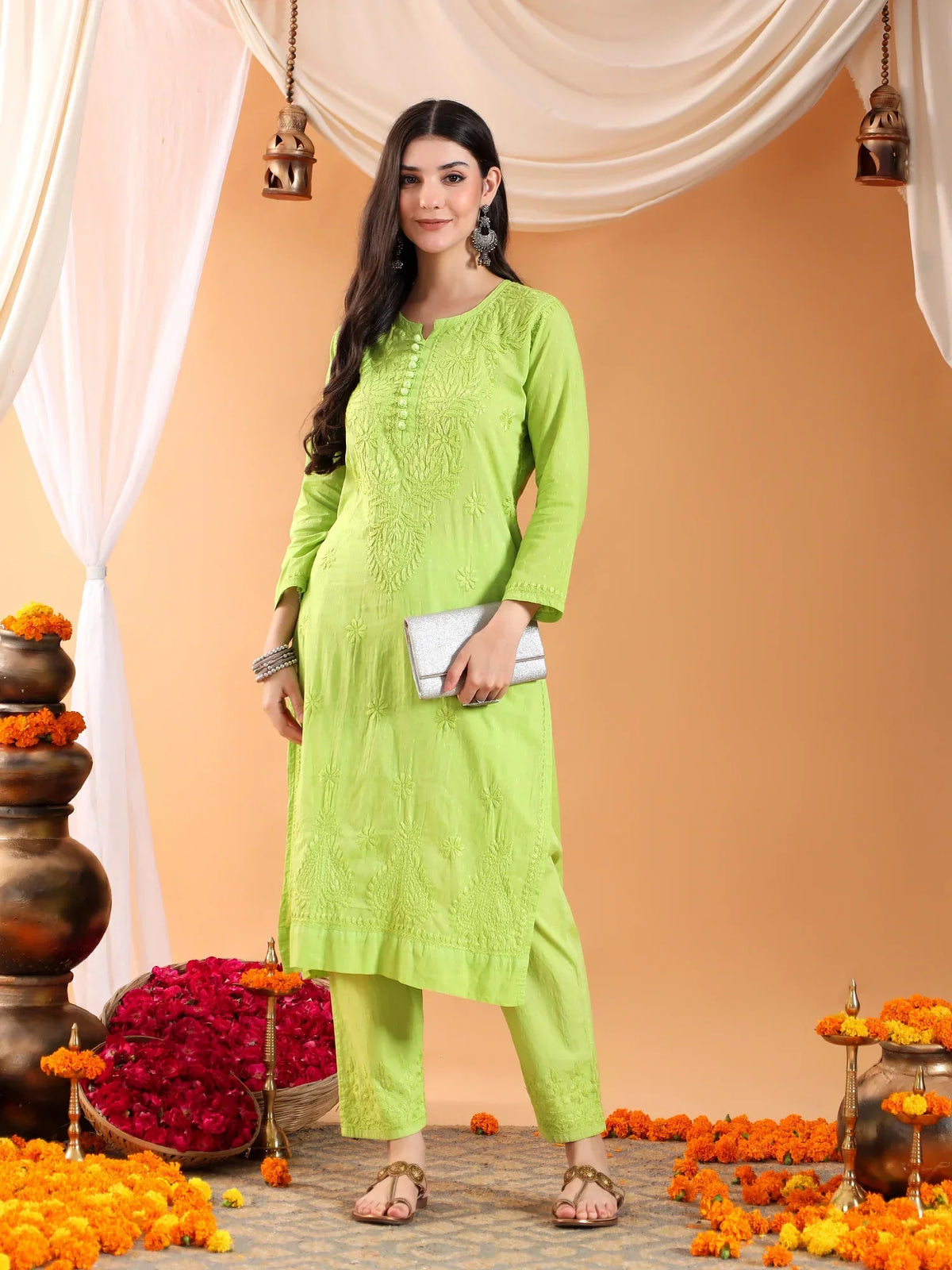 Ananya Chikankari Kurta Pant Cotton Co-ord Set (Parrot Green)