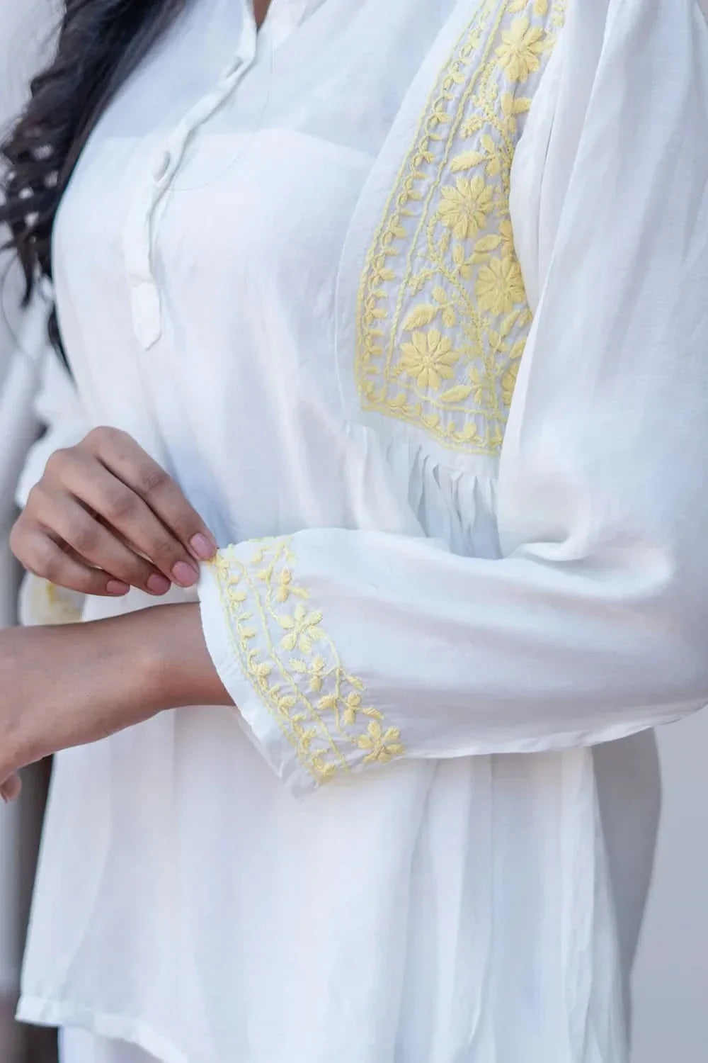 Husn Ivory & Yellow Muslin Short Chikankari Kurti