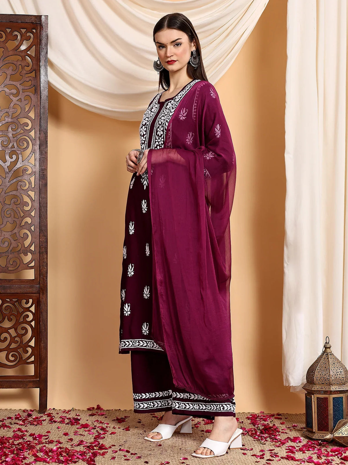 Haya Chikankari Rayon Co-ord Set (Wine)