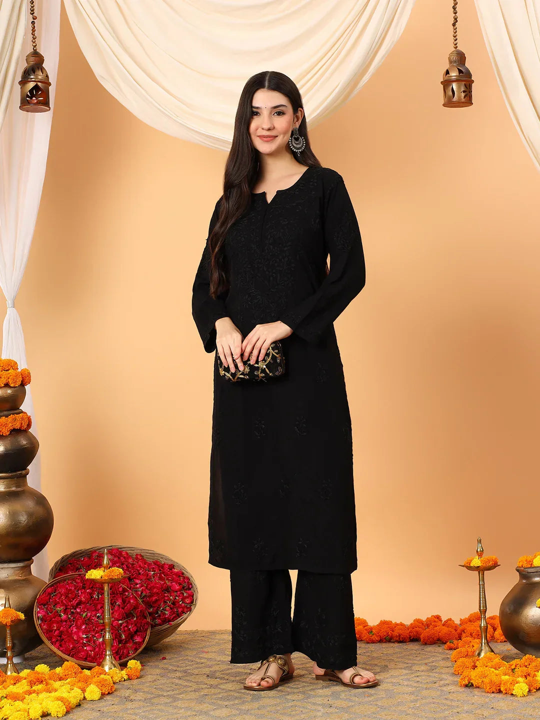 Faiza Chikankari Rayon Co-ord Set (Black)