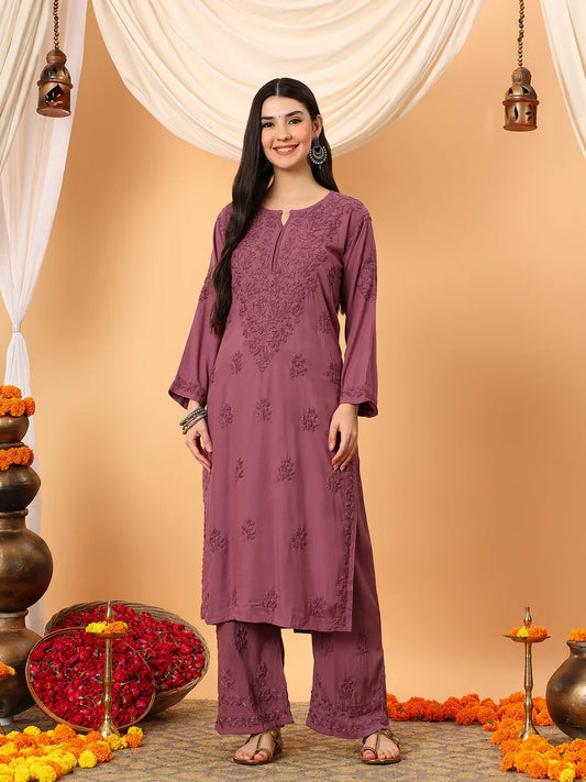 Faiza Chikankari Rayon Co-ord Set (Plum)