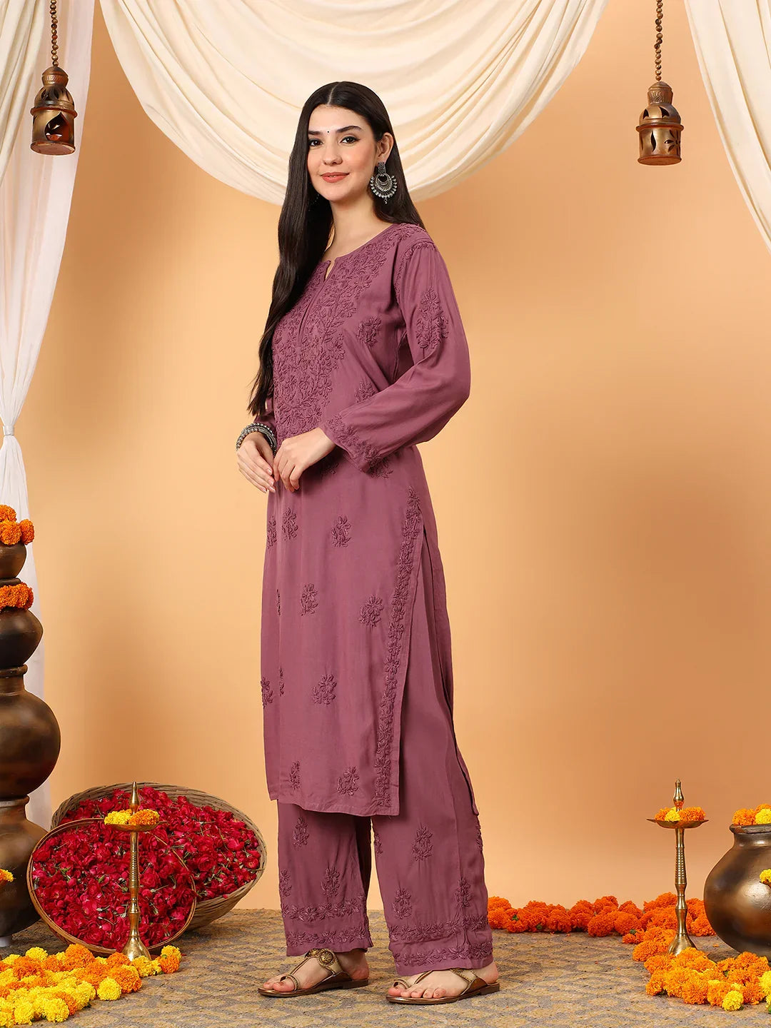 Faiza Chikankari Rayon Co-ord Set (Plum)