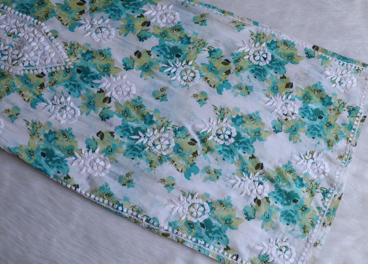 Gulshan White & Teal Green Pure Mulmul set