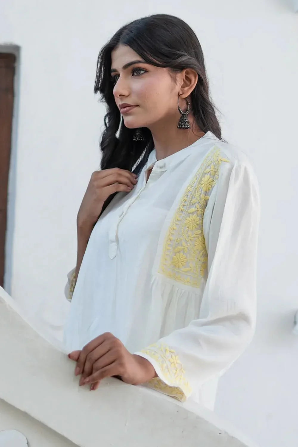 Husn Ivory & Yellow Muslin Short Chikankari Kurti