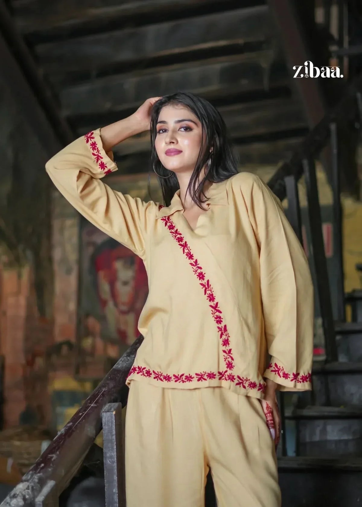 Hoor Beige Rayon Chikankari Co-ord Set
