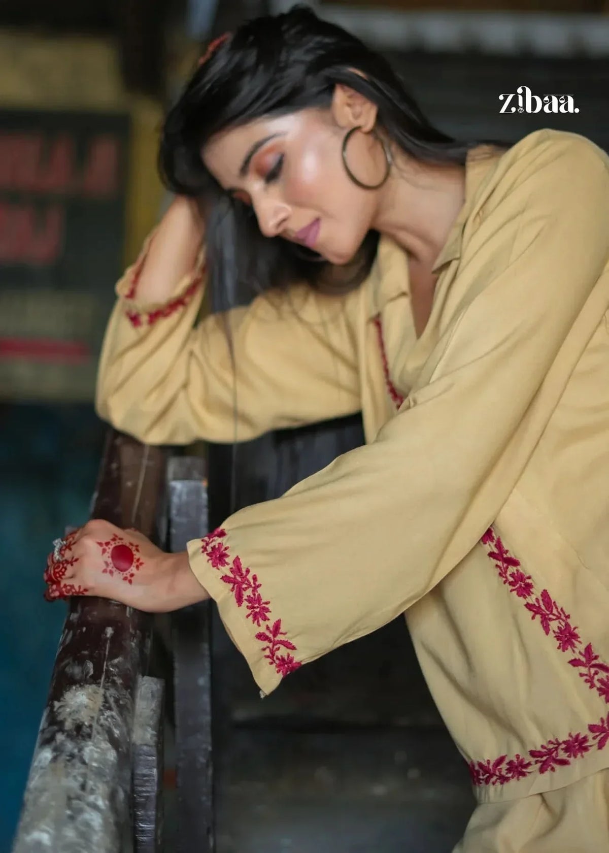 Hoor Beige Rayon Chikankari Co-ord Set