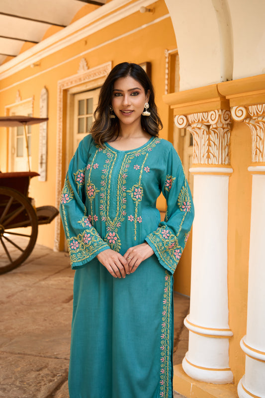 Nazm Rayon Teal Blossom Chikankari Coord Set