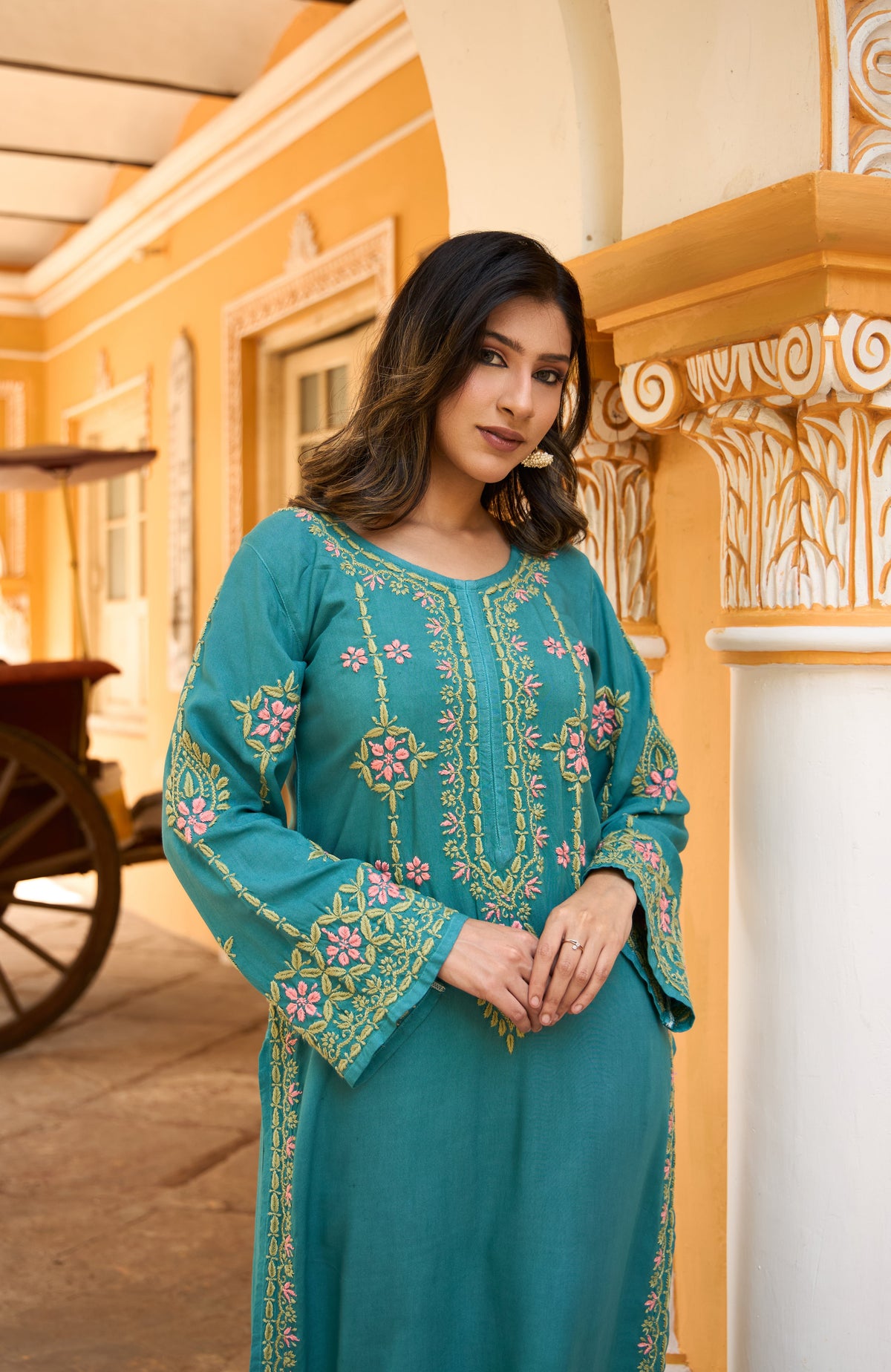 Nazm Rayon Teal Blossom Chikankari Coord Set