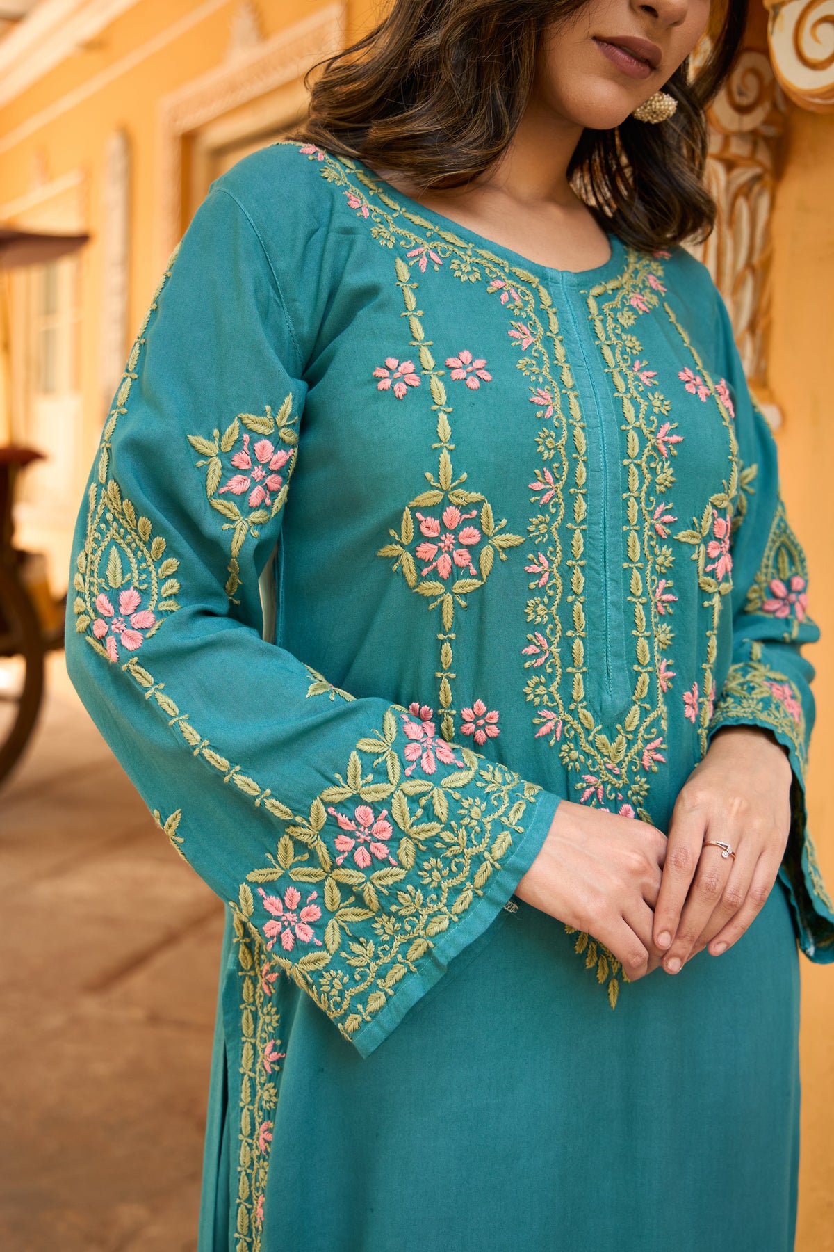 Nazm Rayon Teal Blossom Chikankari Coord Set