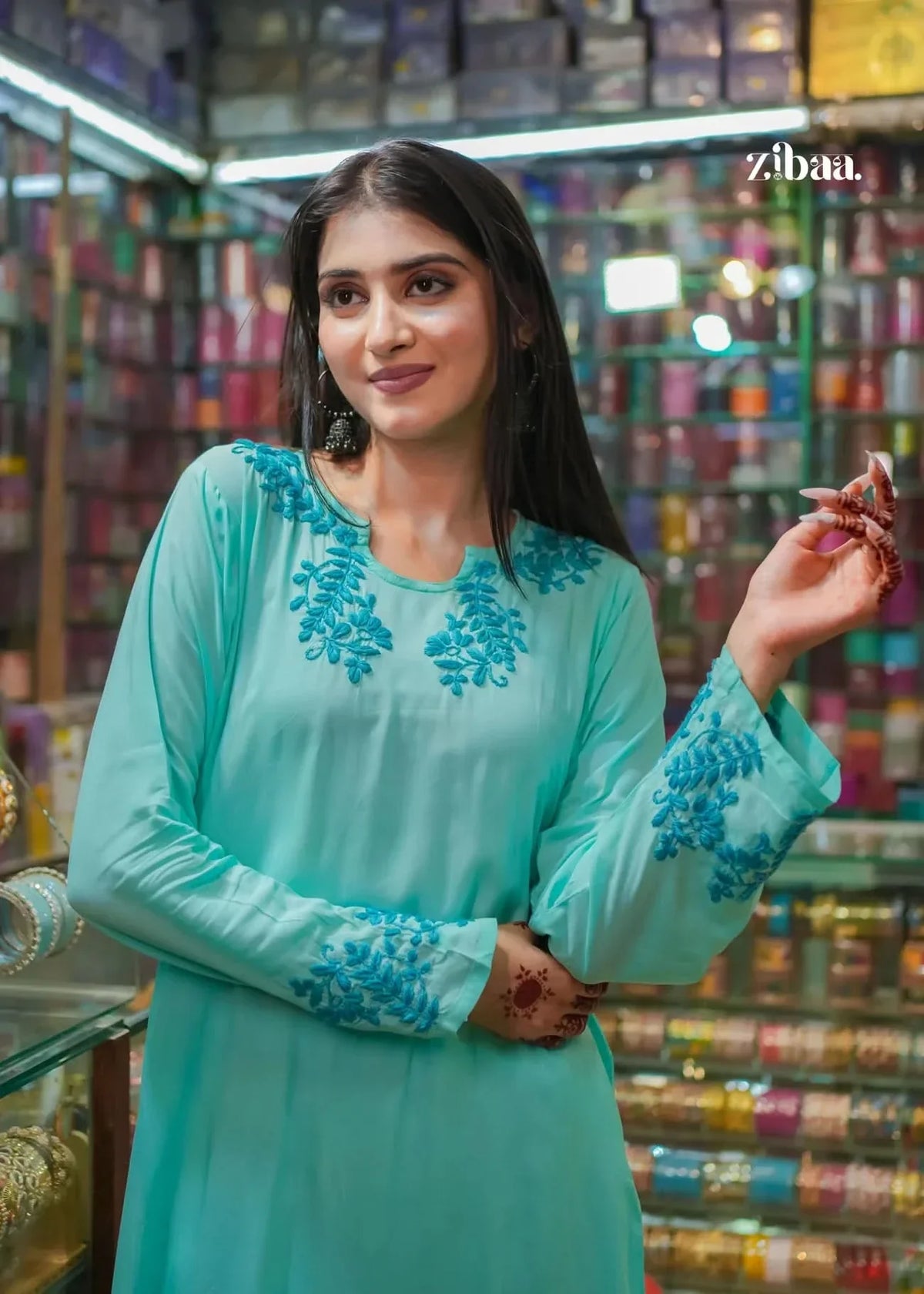 Hoor Cyan Blue Modal Chikankari Kurta