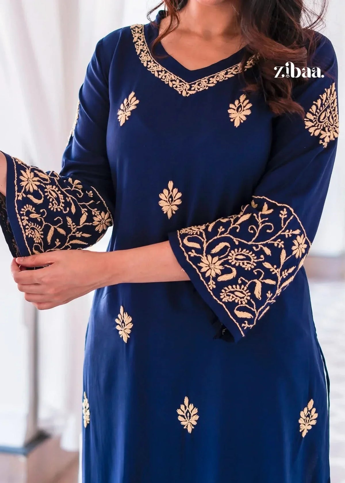 Hoor Blue & Gold Luxury Rayon Chikankari Kurta
