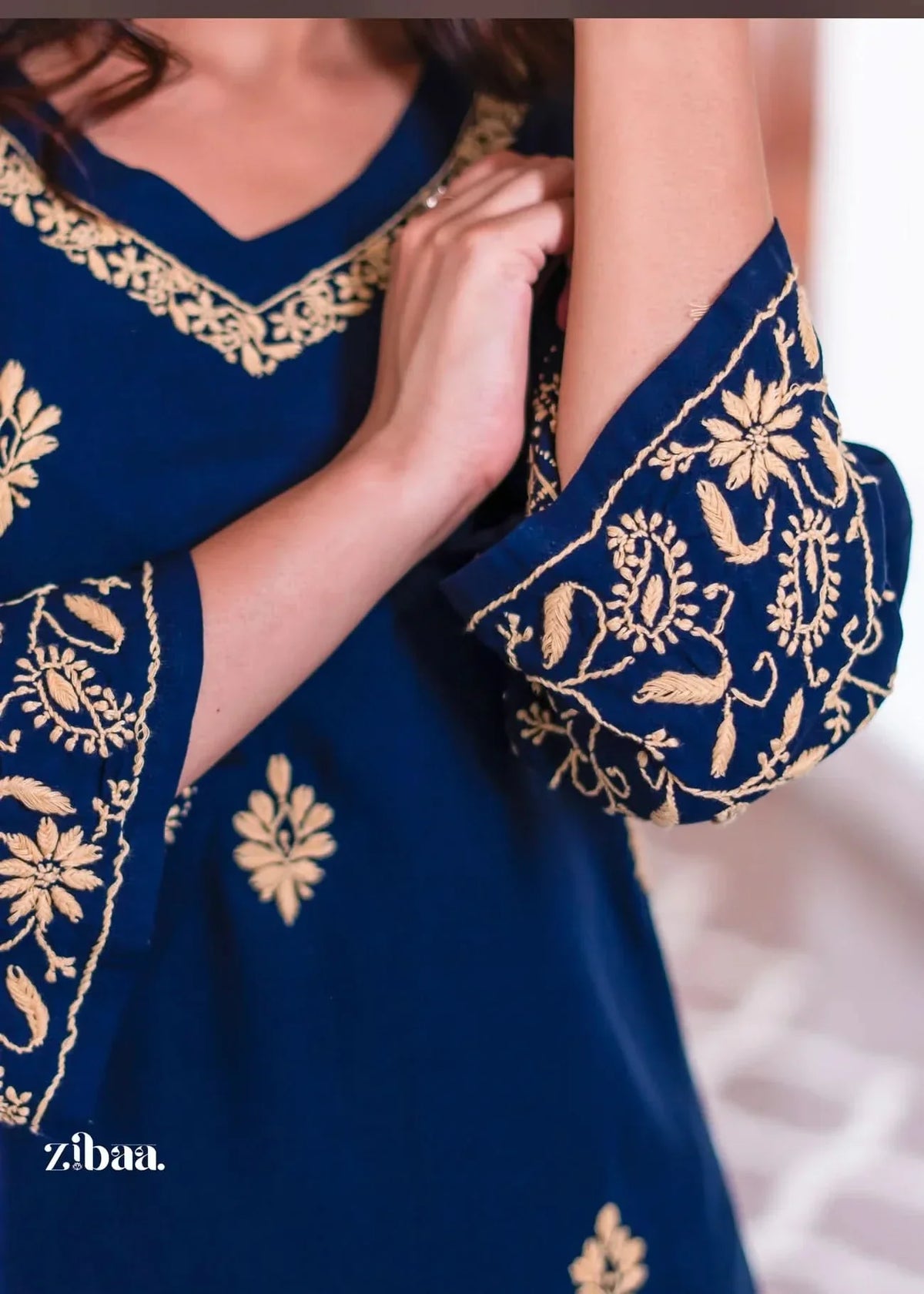 Hoor Blue & Gold Luxury Rayon Chikankari Kurta