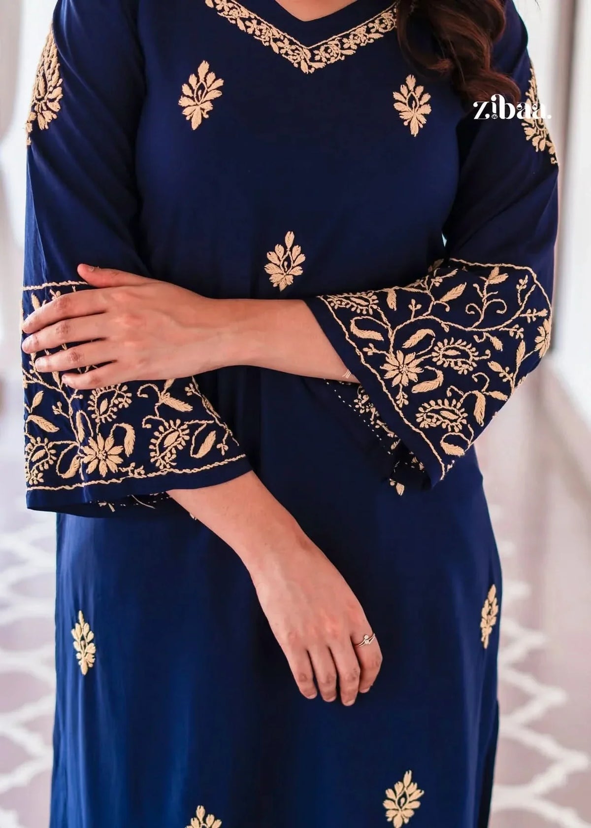 Hoor Blue & Gold Luxury Rayon Chikankari Kurta