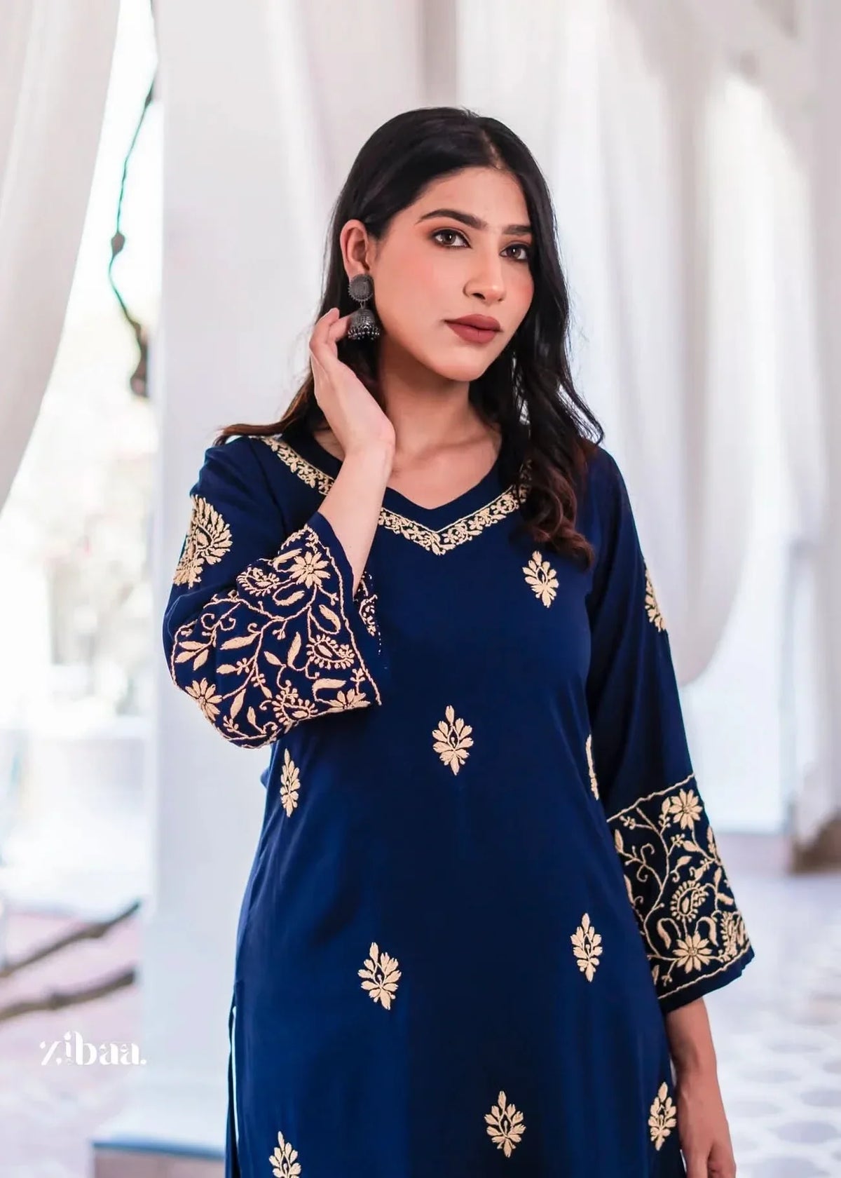 Hoor Blue & Gold Luxury Rayon Chikankari Kurta