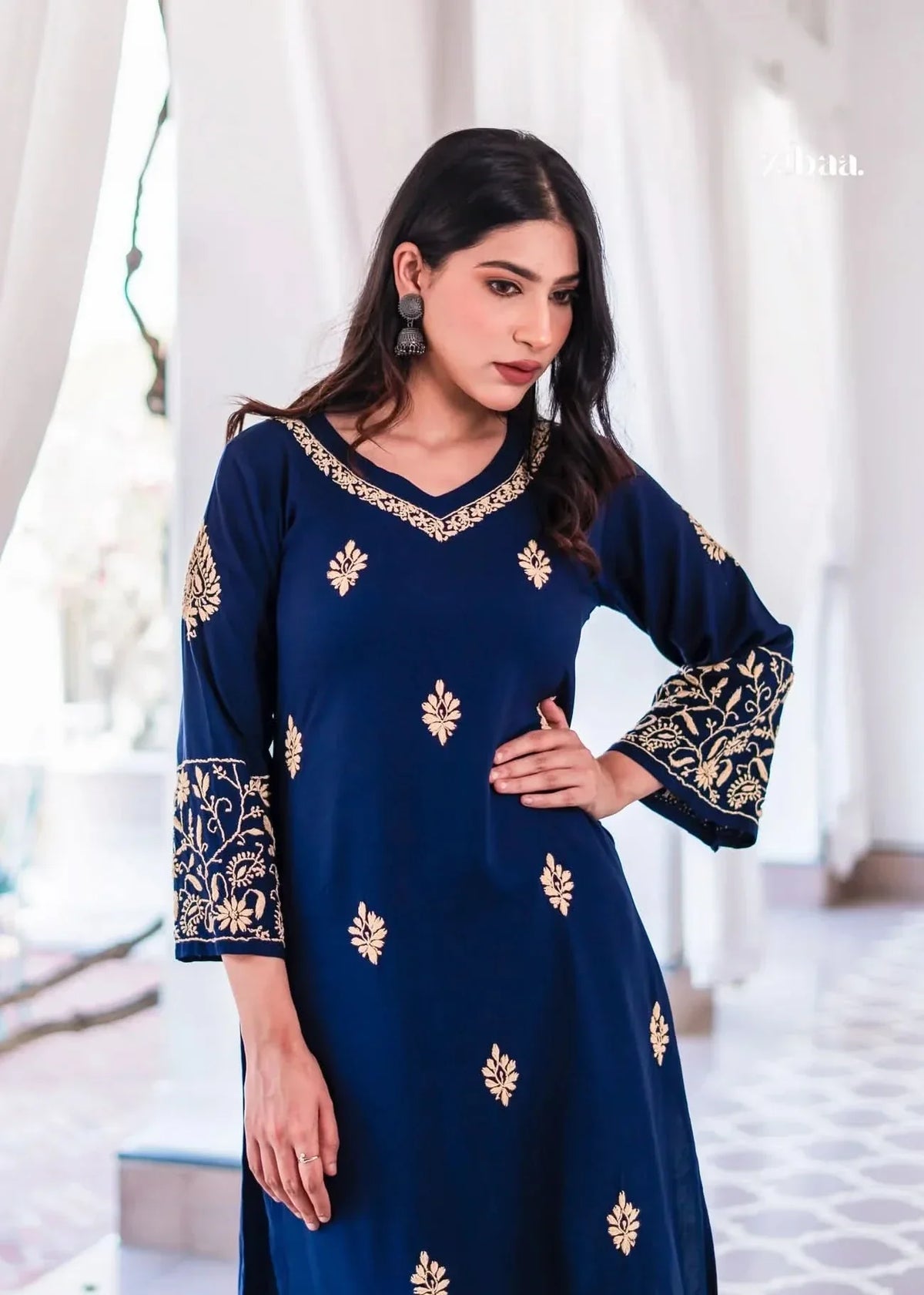 Hoor Blue & Gold Luxury Rayon Chikankari Kurta