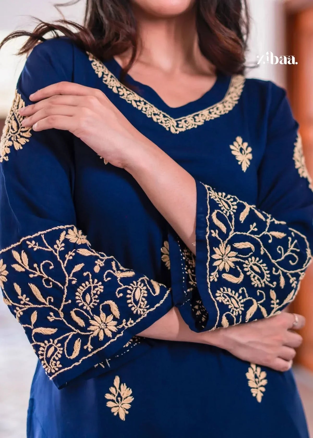 Hoor Blue & Gold Luxury Rayon Chikankari Kurta