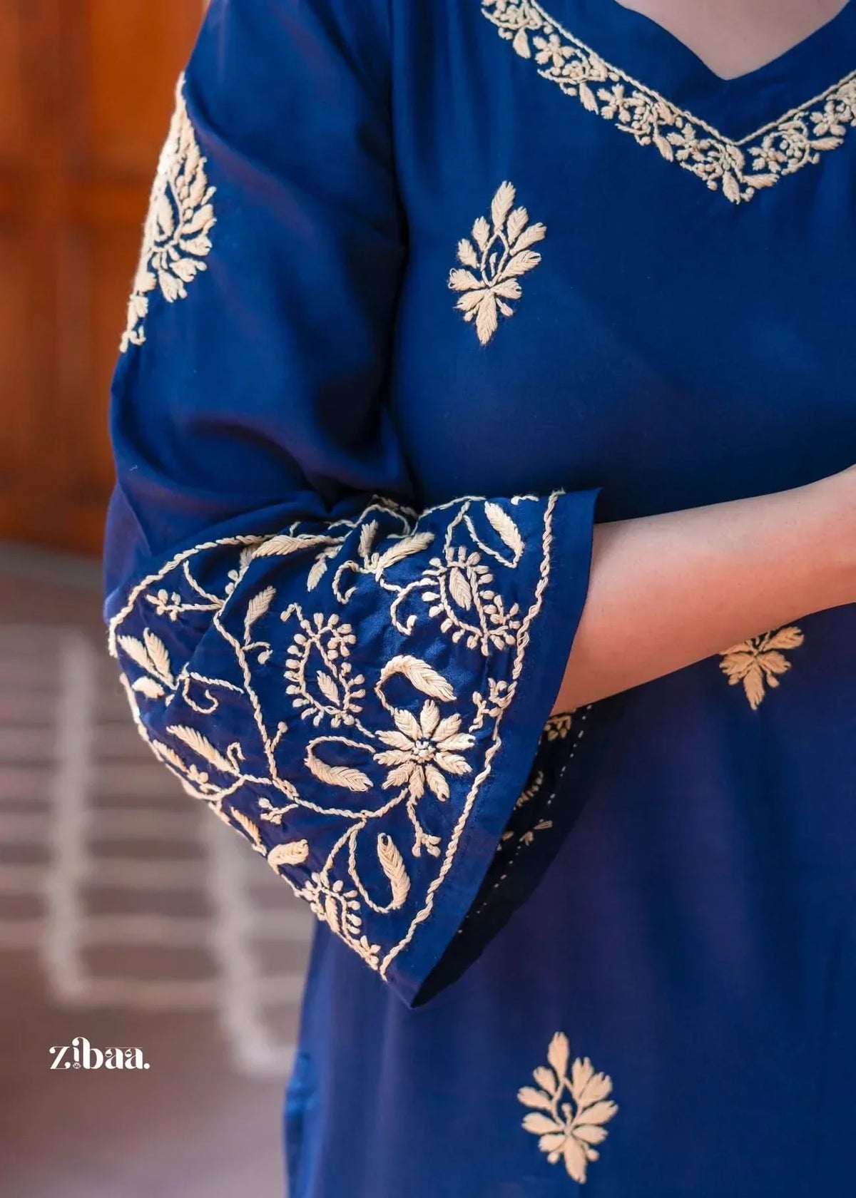 Hoor Blue & Gold Luxury Rayon Chikankari Kurta