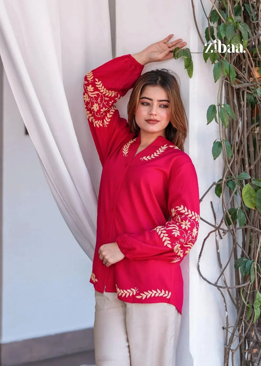 Husn Hot Pink Luxury Rayon Chikankari Top