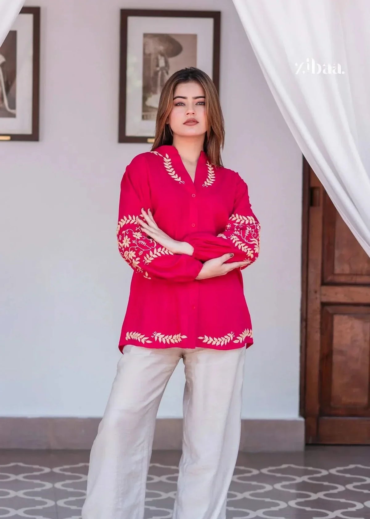 Husn Hot Pink Luxury Rayon Chikankari Top