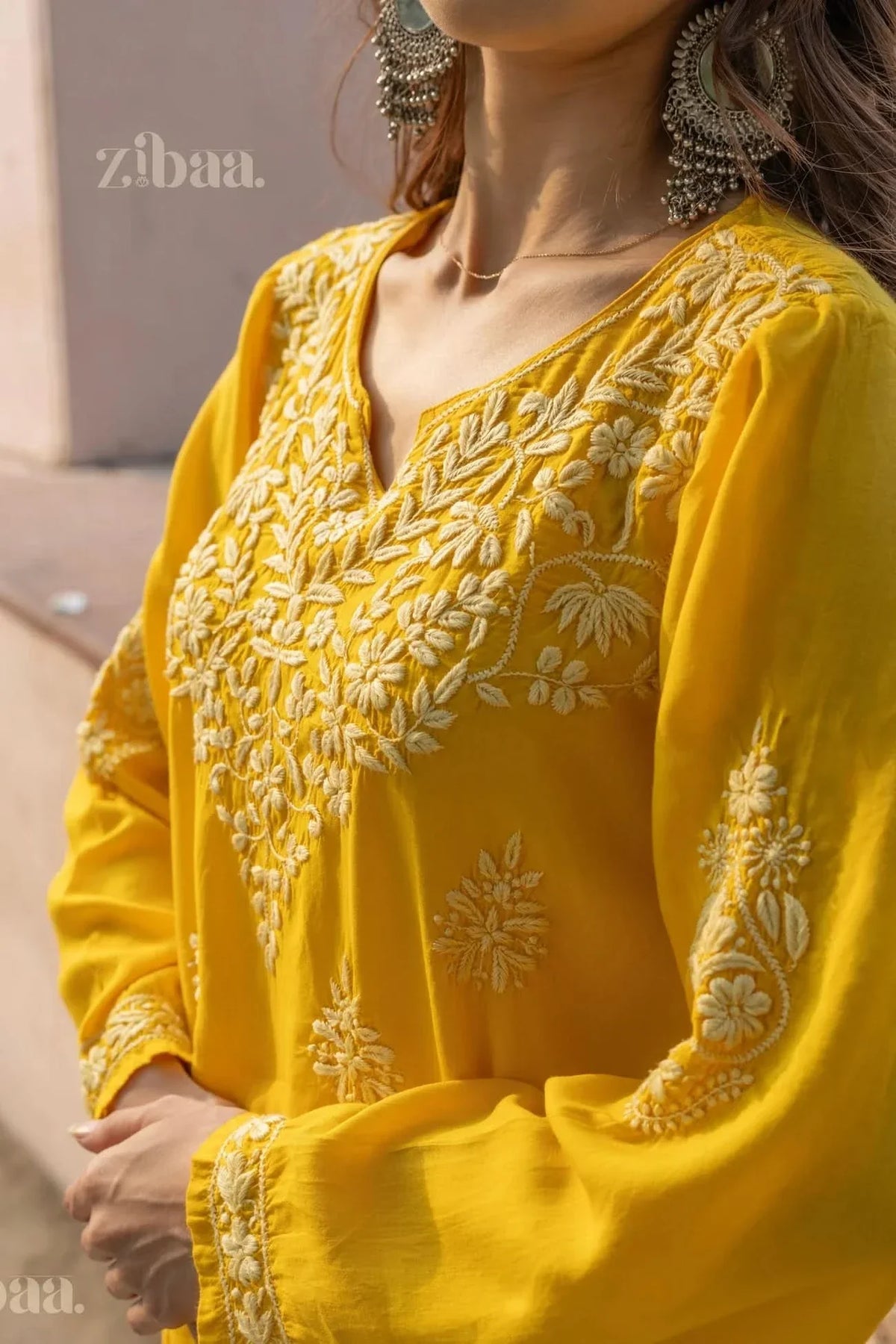 Aiyana Modal Mustard Yellow Short Chikankari Kurti
