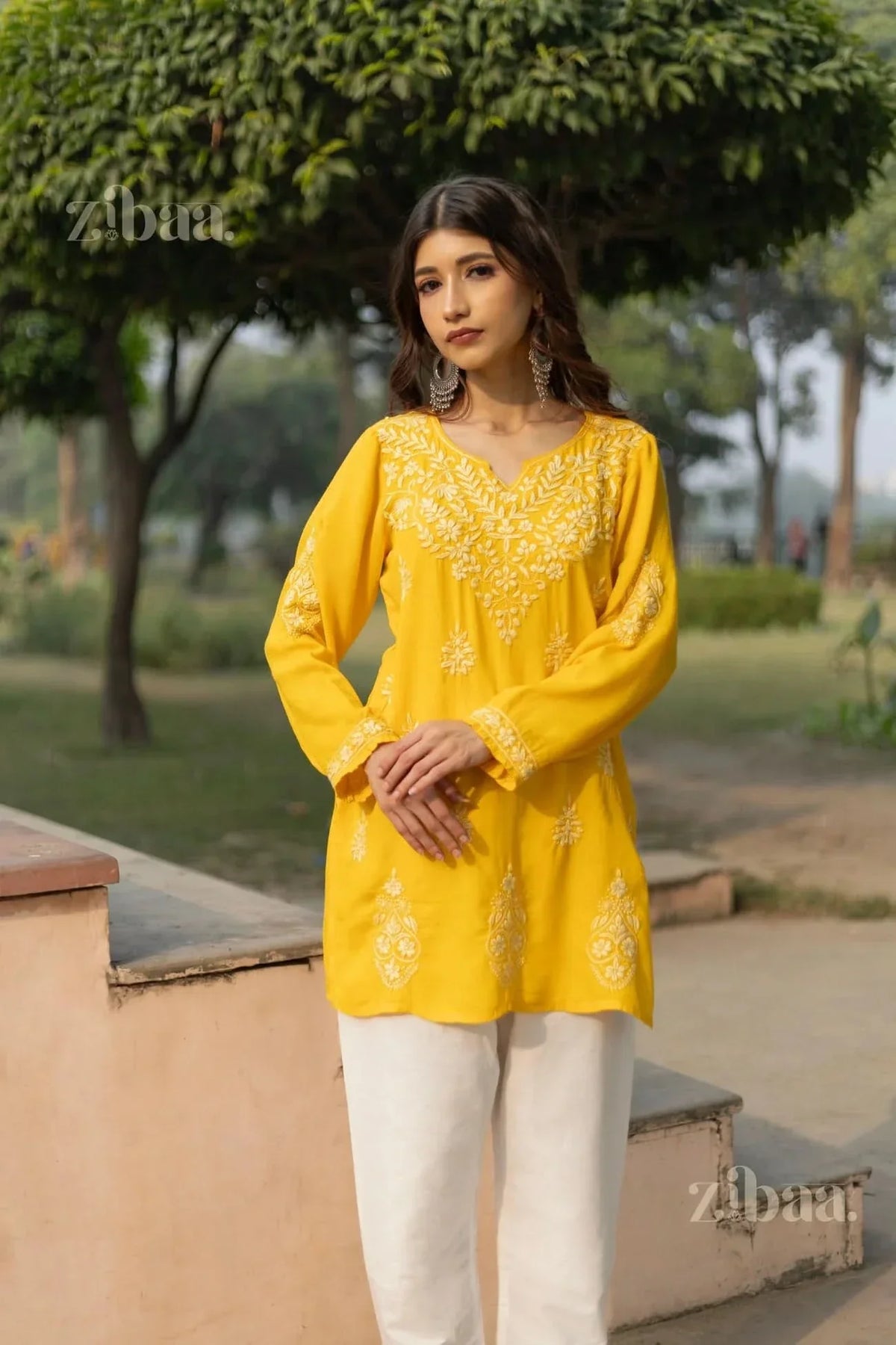 Aiyana Modal Mustard Yellow Short Chikankari Kurti