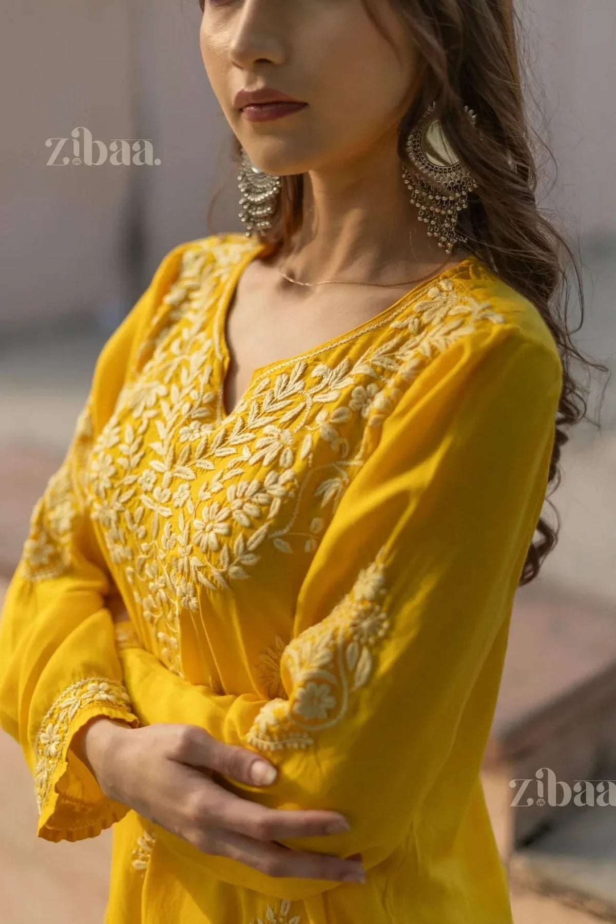 Aiyana Modal Mustard Yellow Short Chikankari Kurti