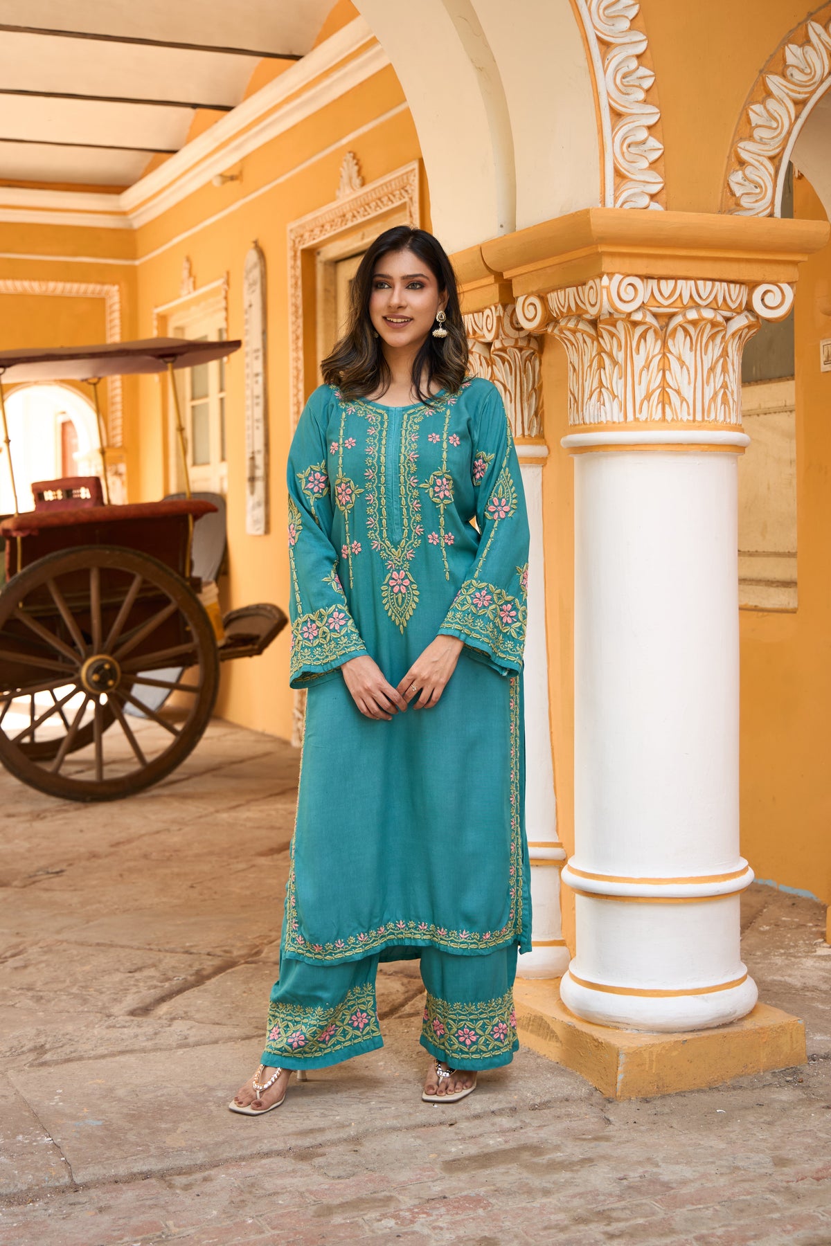 Nazm Rayon Teal Blossom Chikankari Coord Set