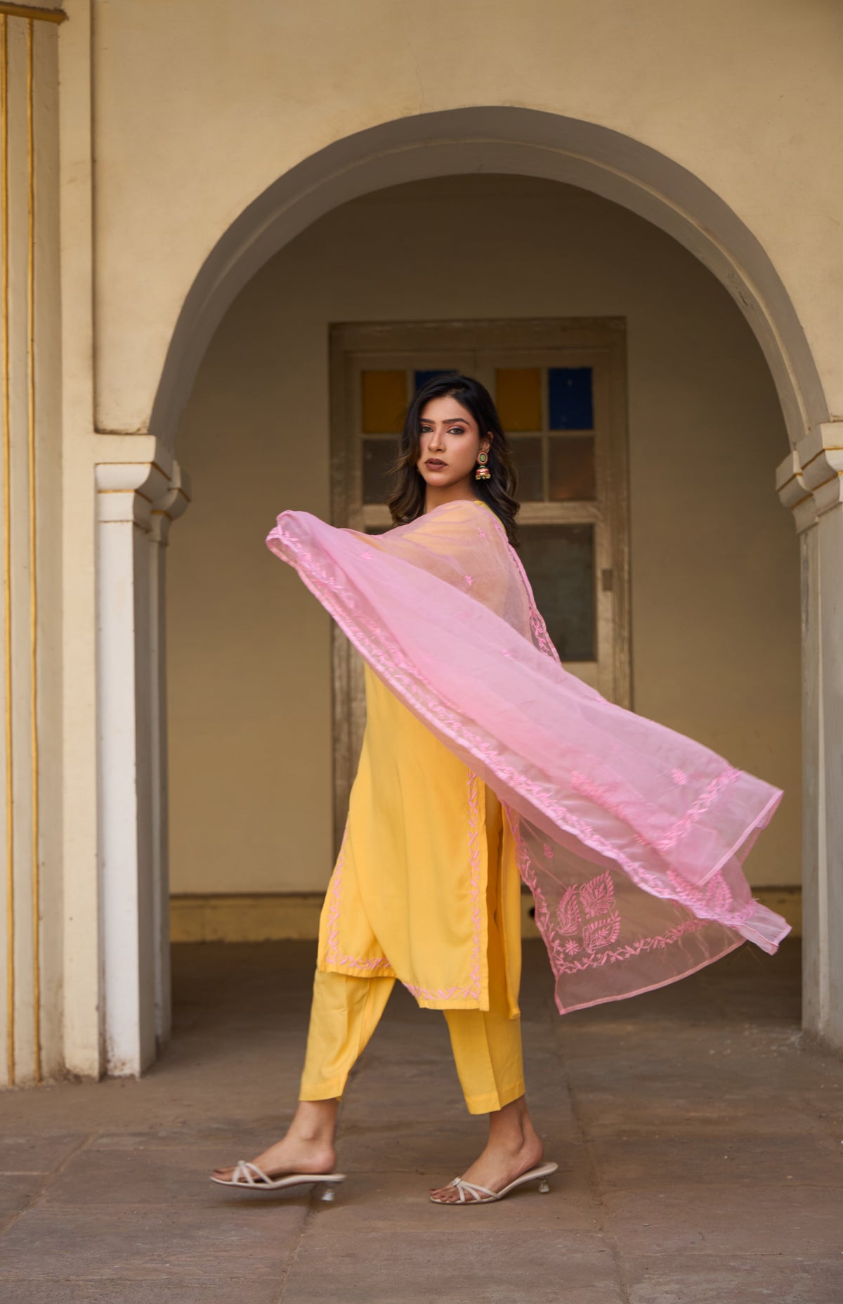 Nazm Rayon Yellow Chikankari Kurta Set with Organza Dupatta