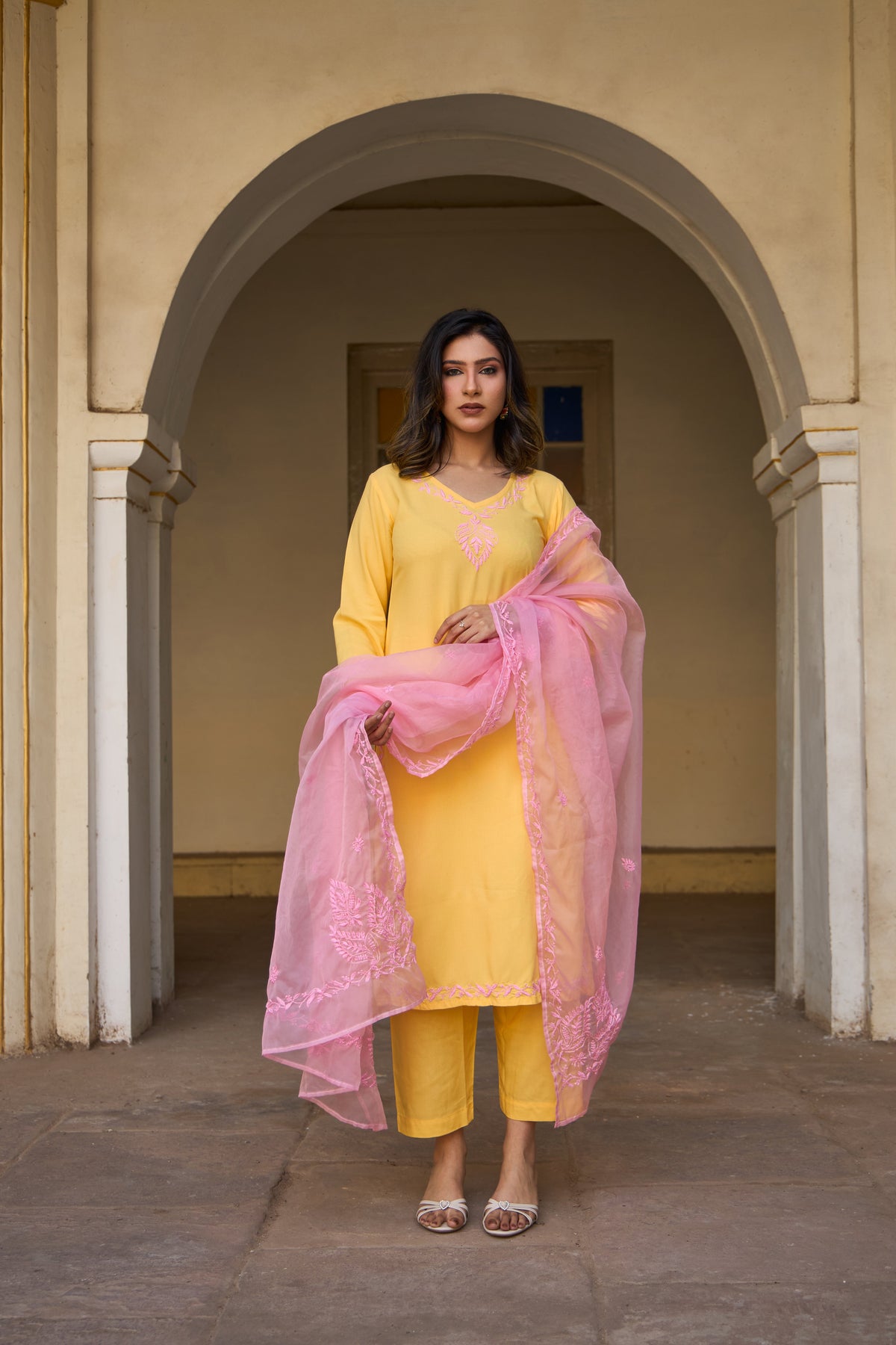 Nazm Rayon Yellow Chikankari Kurta Set with Organza Dupatta