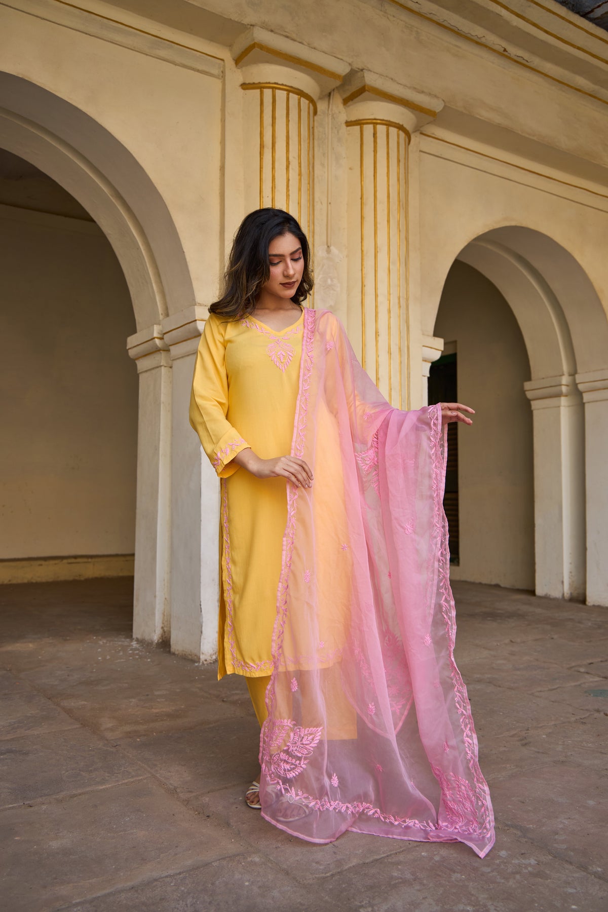 Nazm Rayon Yellow Chikankari Kurta Set with Organza Dupatta